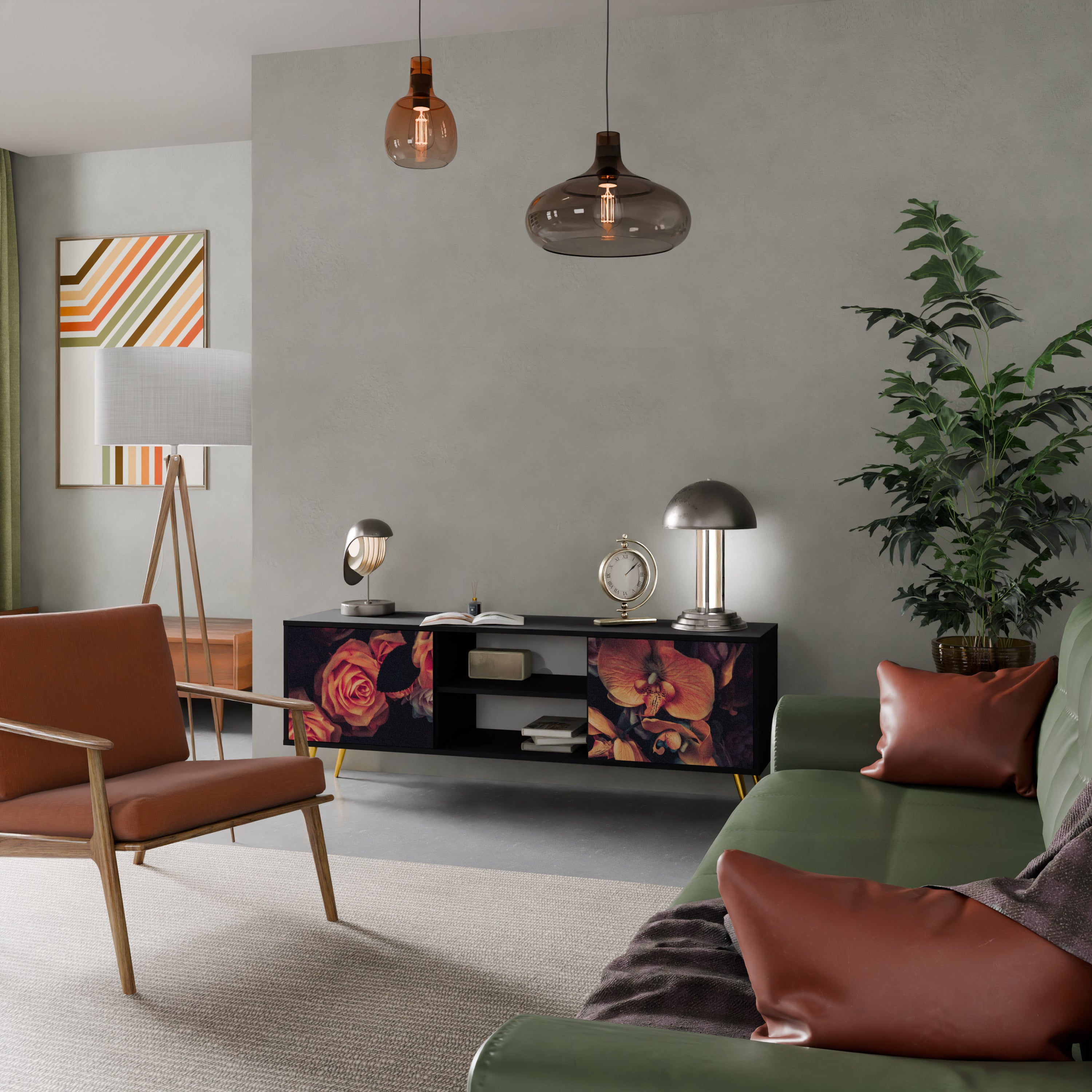 Mueble de TV de 2 puertas NEVERENDING BLOOM con acabado negro