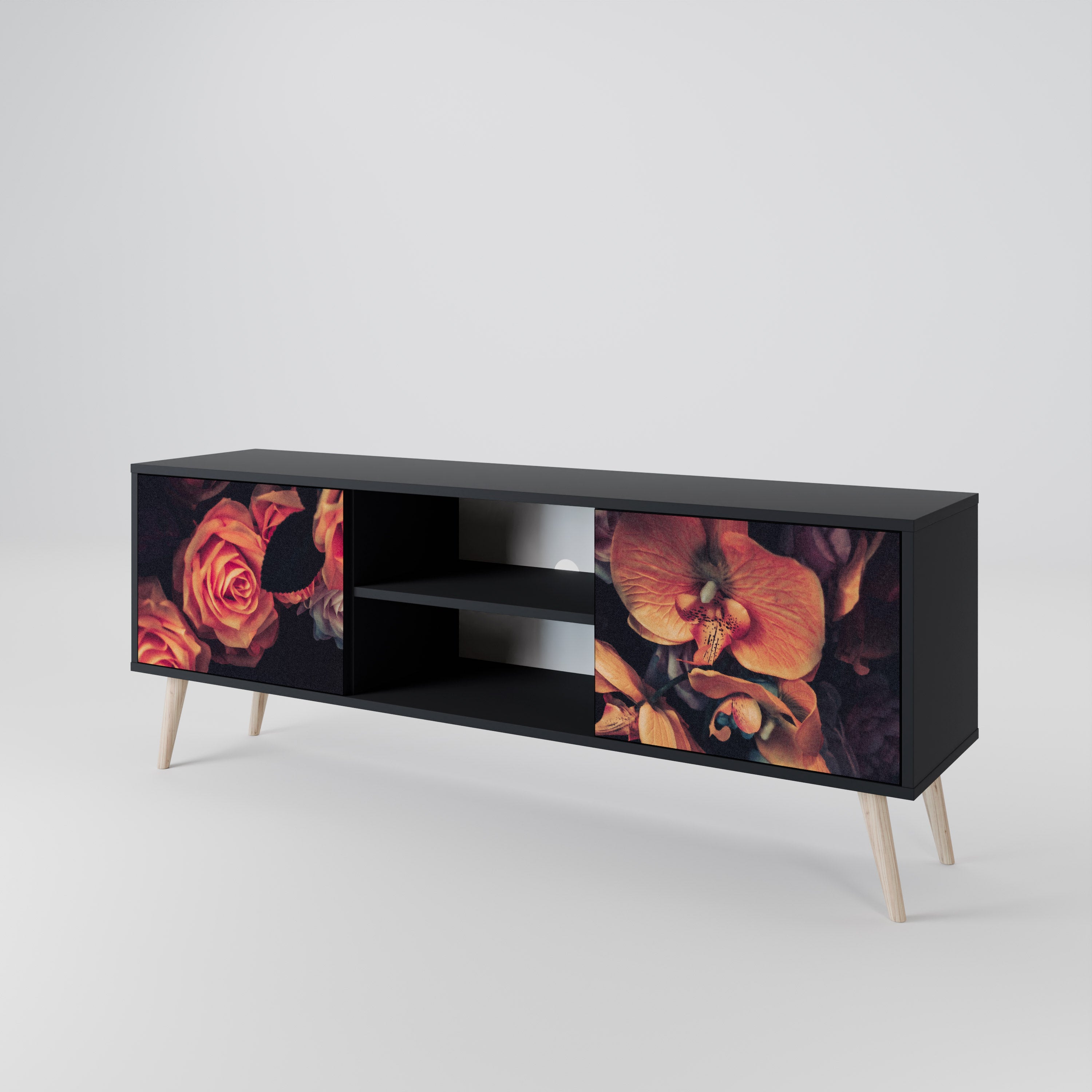 Mueble de TV de 2 puertas NEVERENDING BLOOM con acabado negro