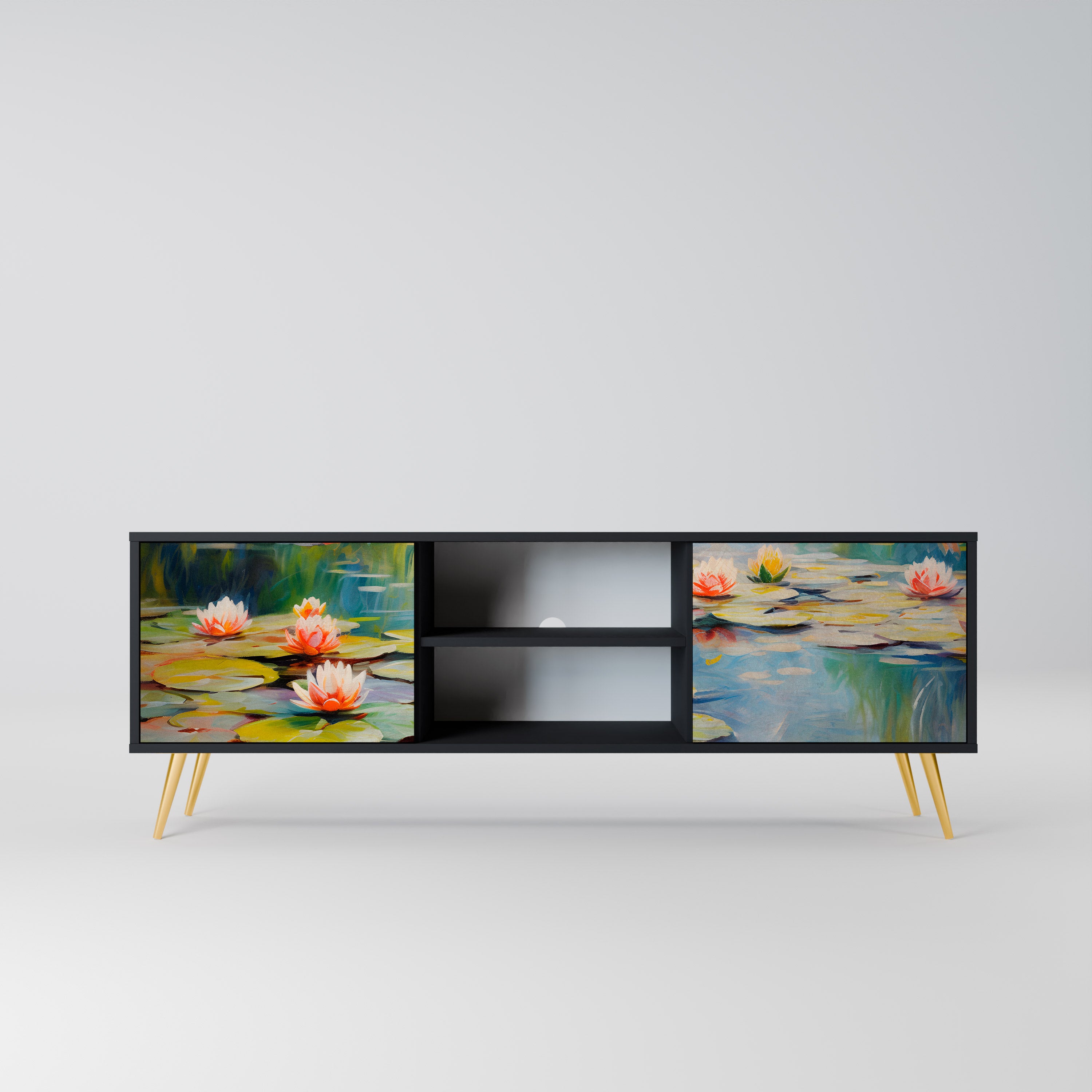 Mueble de TV de 2 puertas BLOOMING WATERS con acabado negro