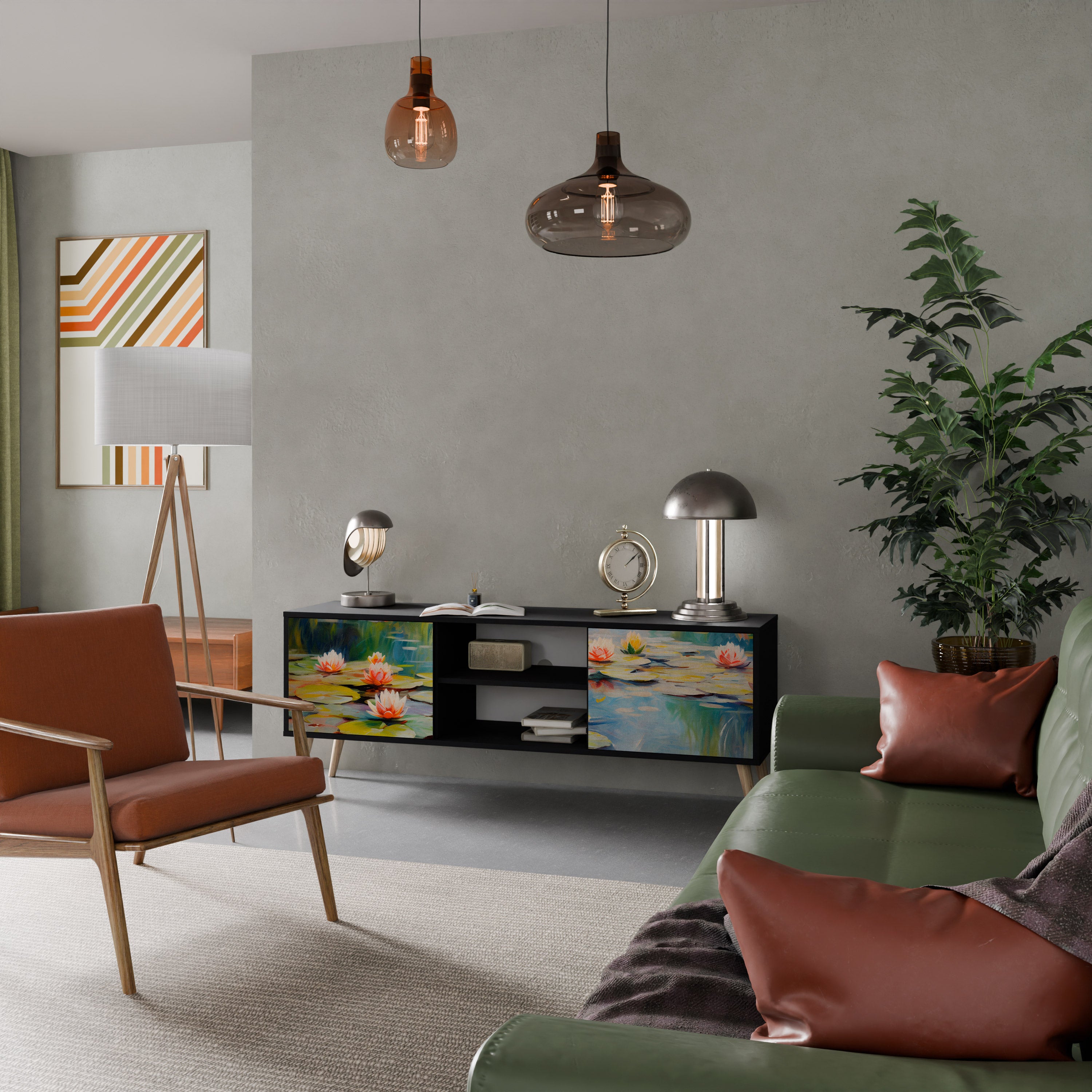 Mueble de TV de 2 puertas BLOOMING WATERS con acabado negro