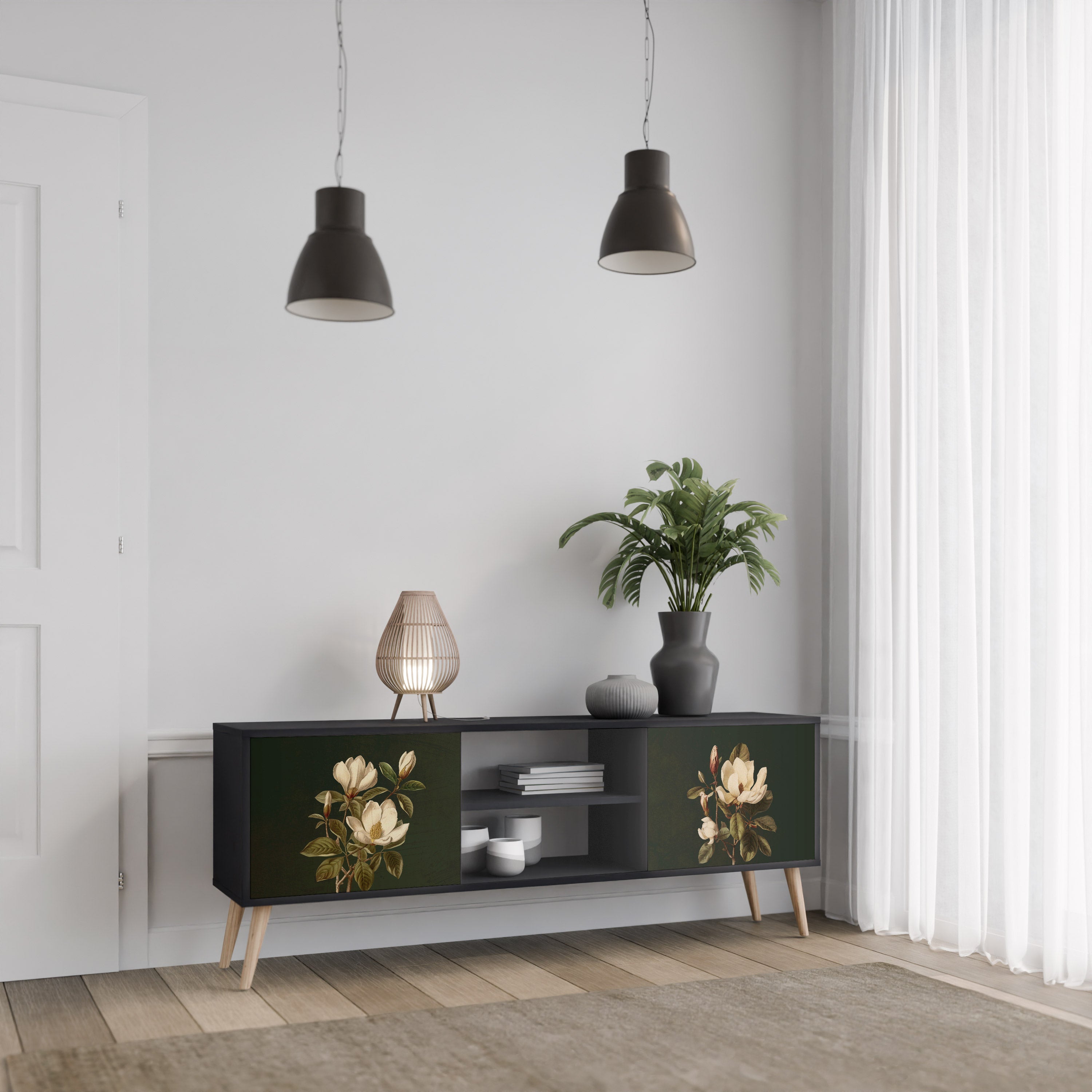 Mueble de TV de 2 puertas FLORAL NOIR en acabado negro