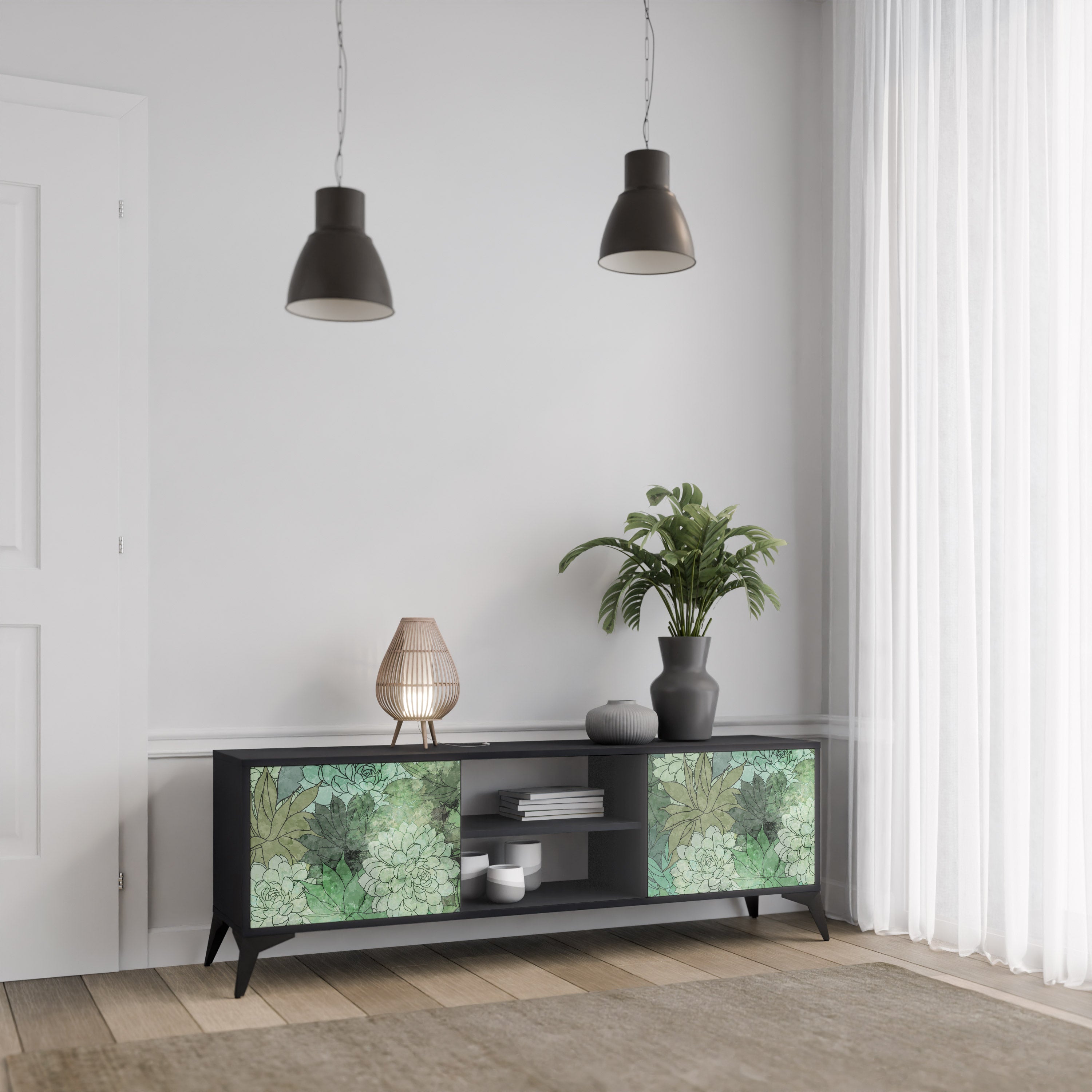 Mueble de TV de 2 puertas SUCCULENT CLUSTER con acabado negro
