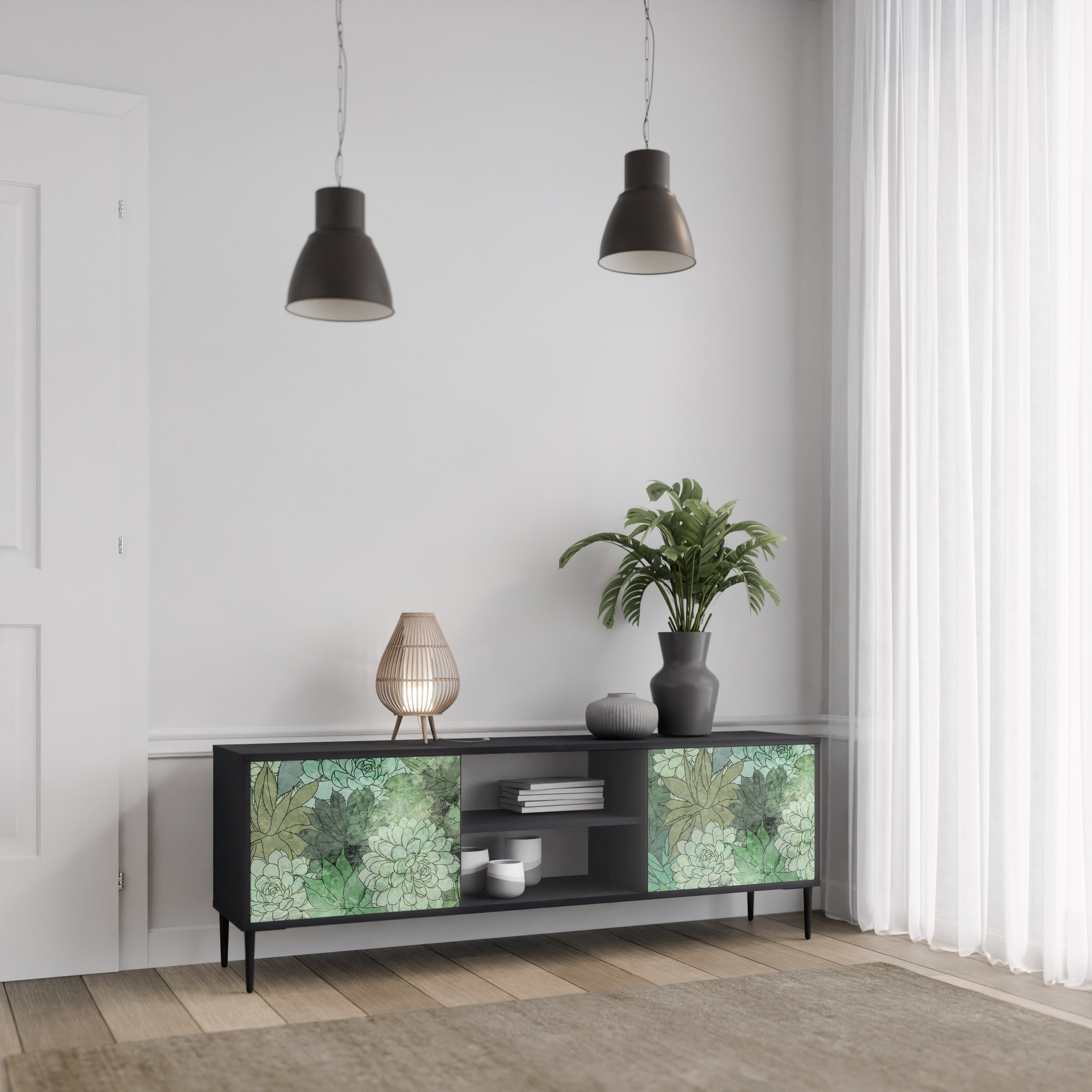 Mueble de TV de 2 puertas SUCCULENT CLUSTER con acabado negro