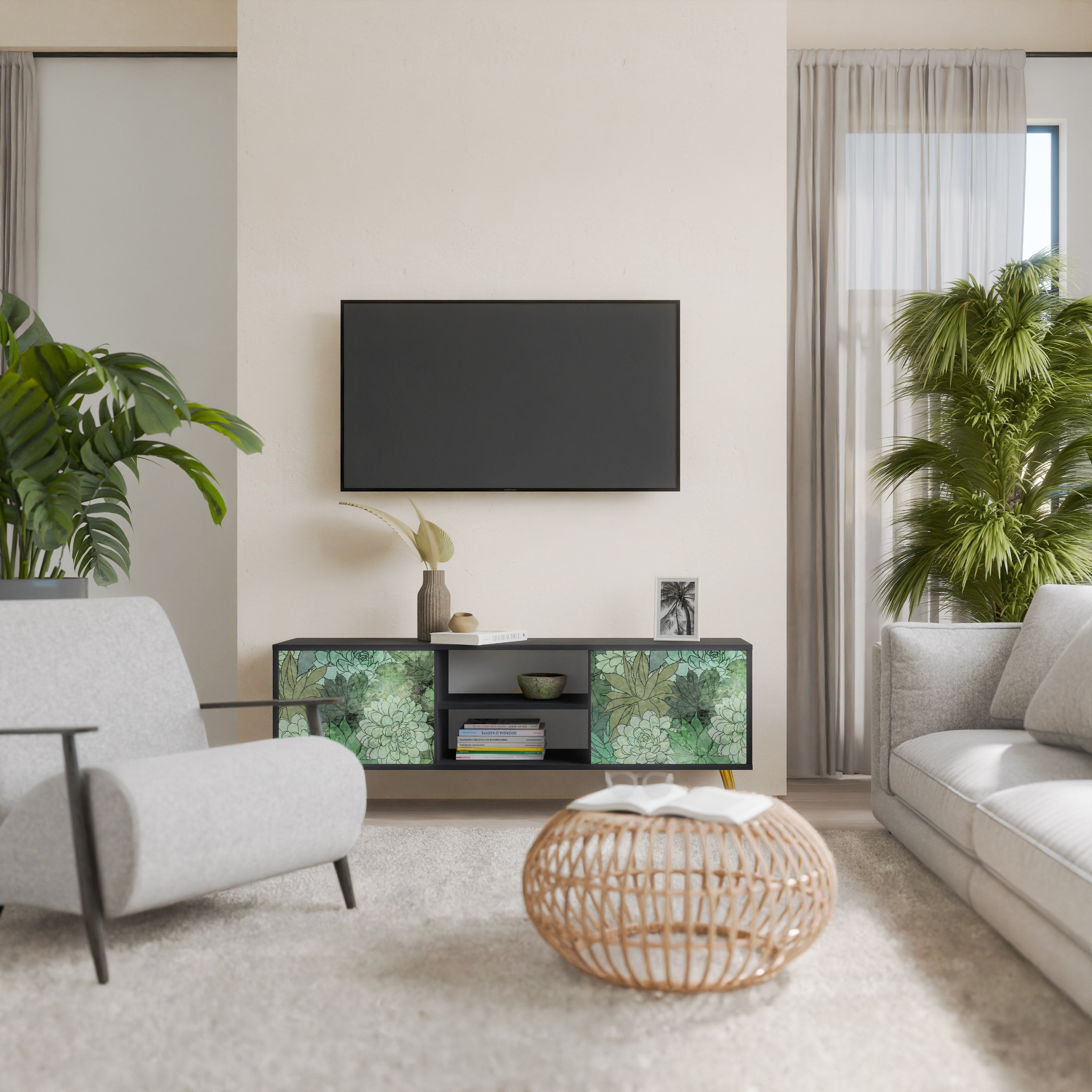 Mueble de TV de 2 puertas SUCCULENT CLUSTER con acabado negro