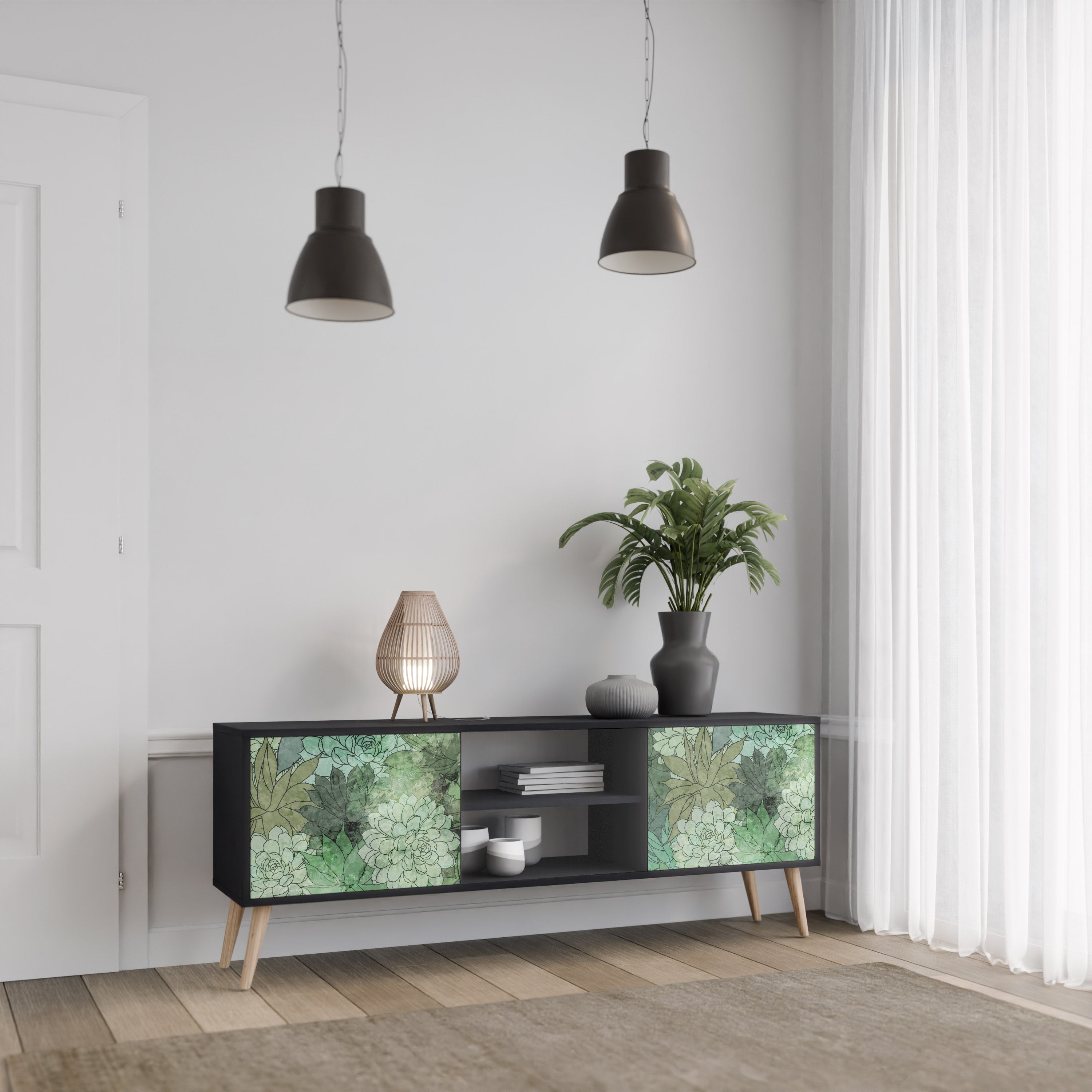 Mueble de TV de 2 puertas SUCCULENT CLUSTER con acabado negro