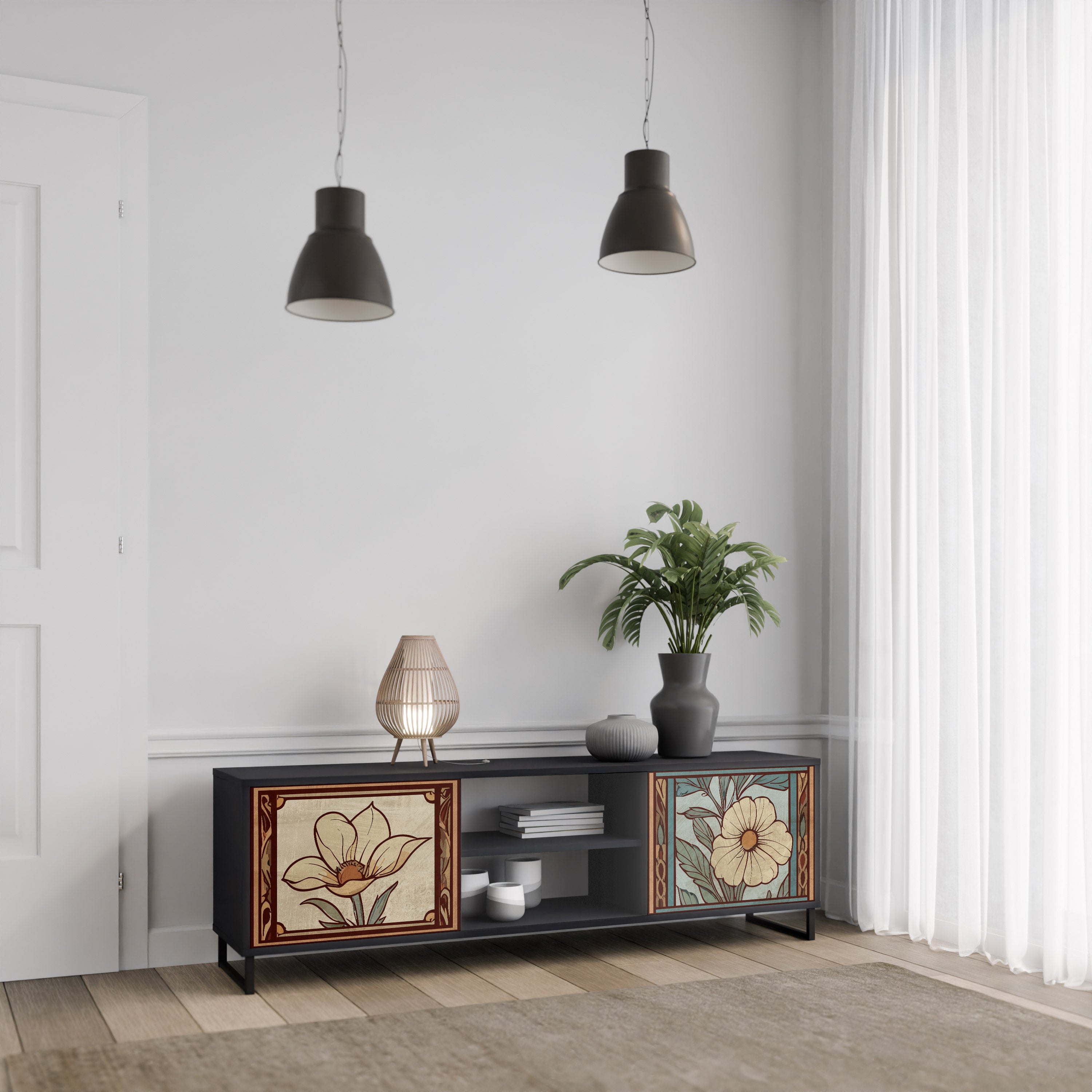 Mueble de TV TIMELESS FLORA de 2 puertas con acabado negro
