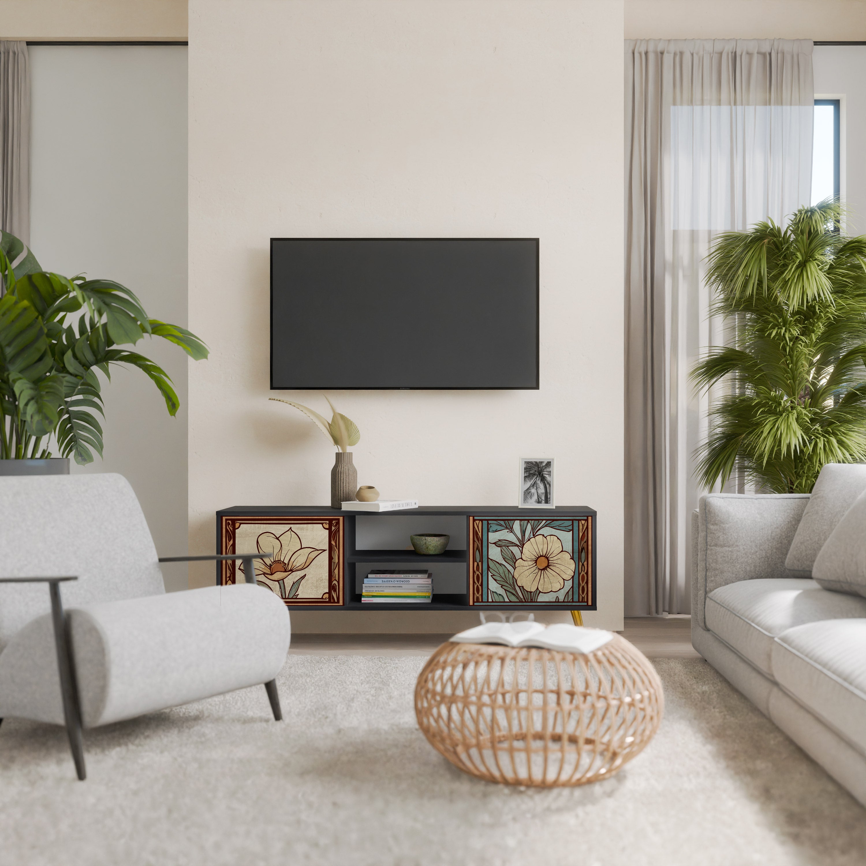 Mueble de TV TIMELESS FLORA de 2 puertas con acabado negro