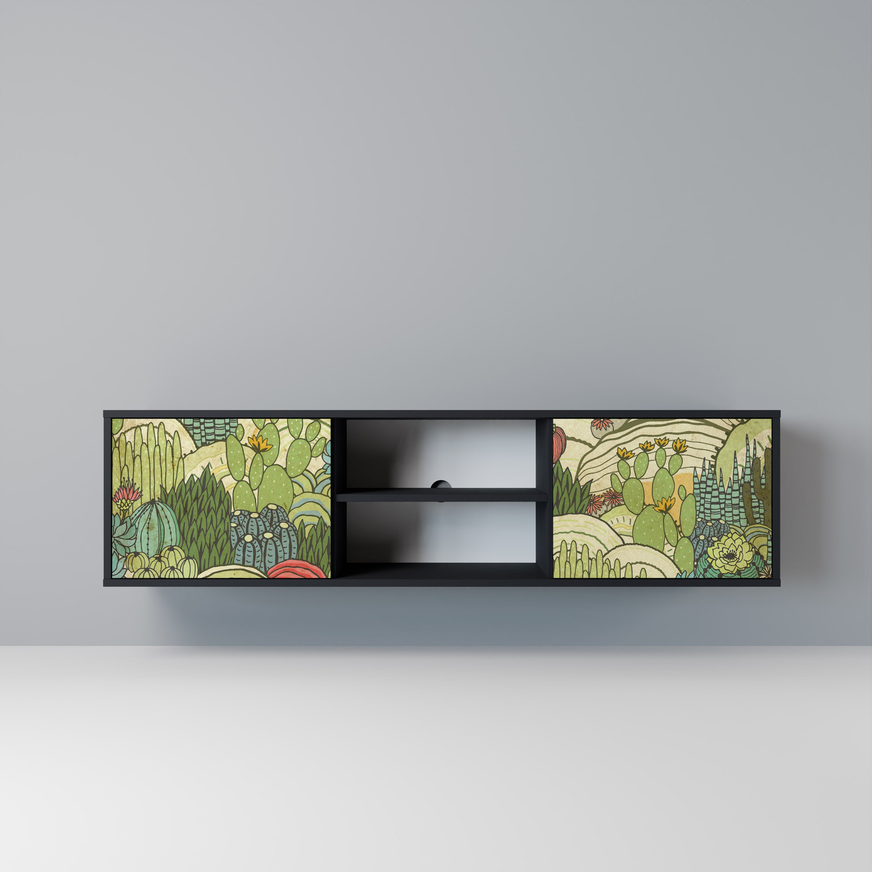 Mueble de TV de 2 puertas SUCCULENTS KALEIDOSCOPE con acabado negro