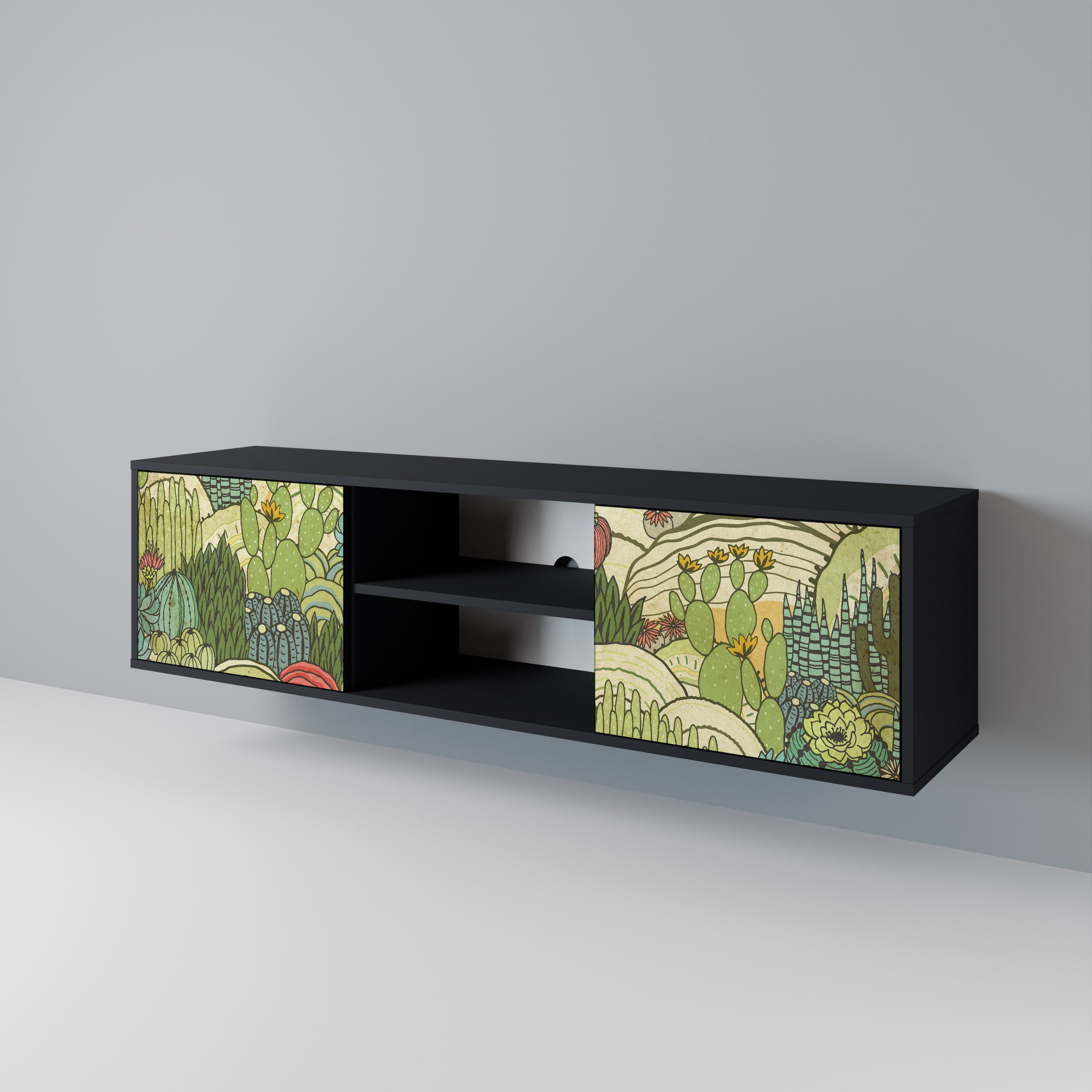 Mueble de TV de 2 puertas SUCCULENTS KALEIDOSCOPE con acabado negro