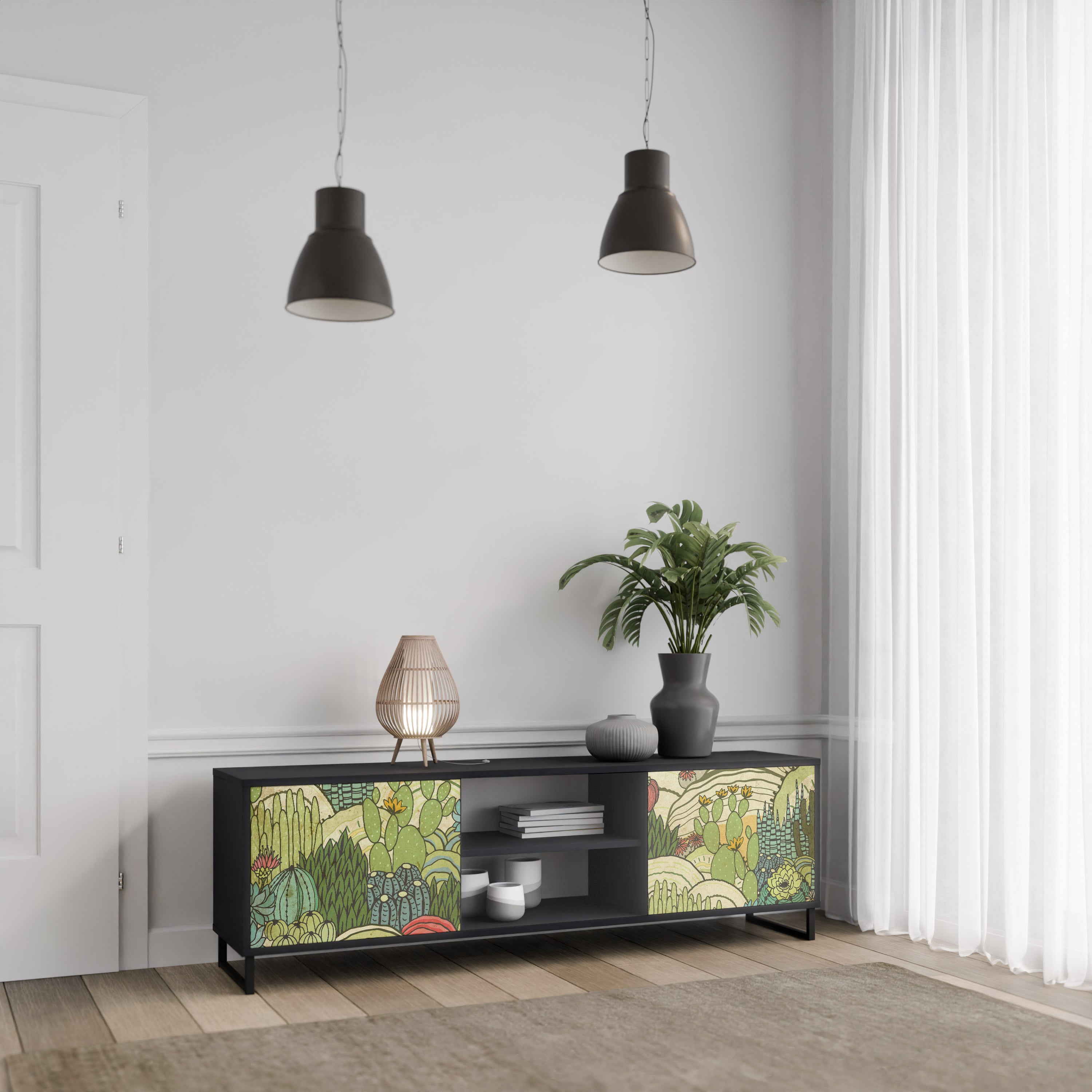 Mueble de TV de 2 puertas SUCCULENTS KALEIDOSCOPE con acabado negro