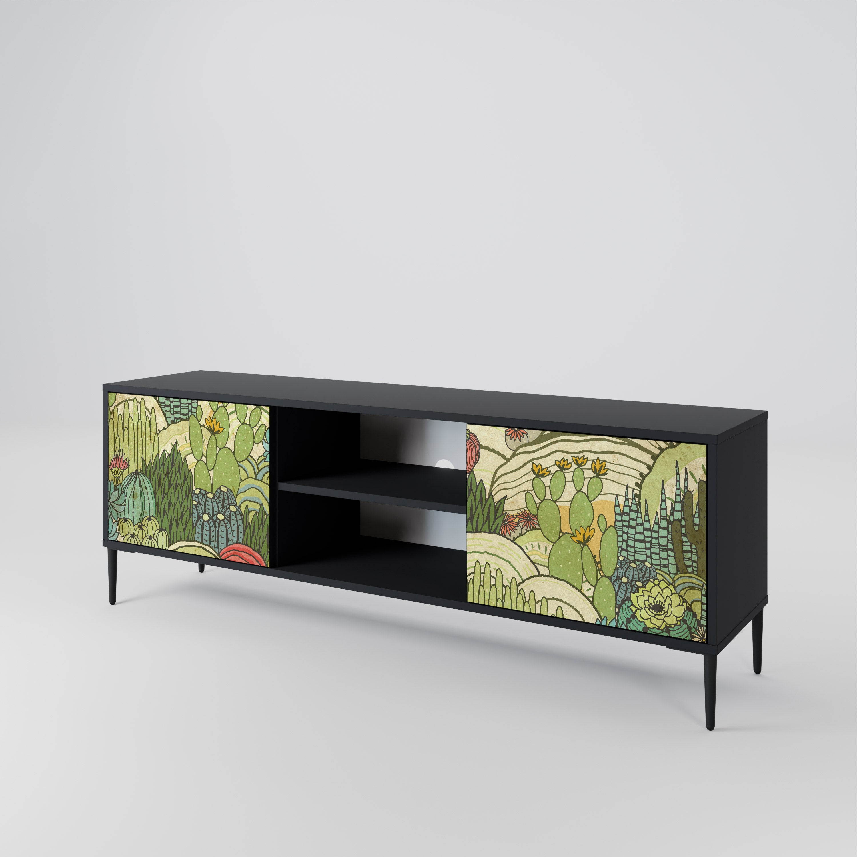 Mueble de TV de 2 puertas SUCCULENTS KALEIDOSCOPE con acabado negro