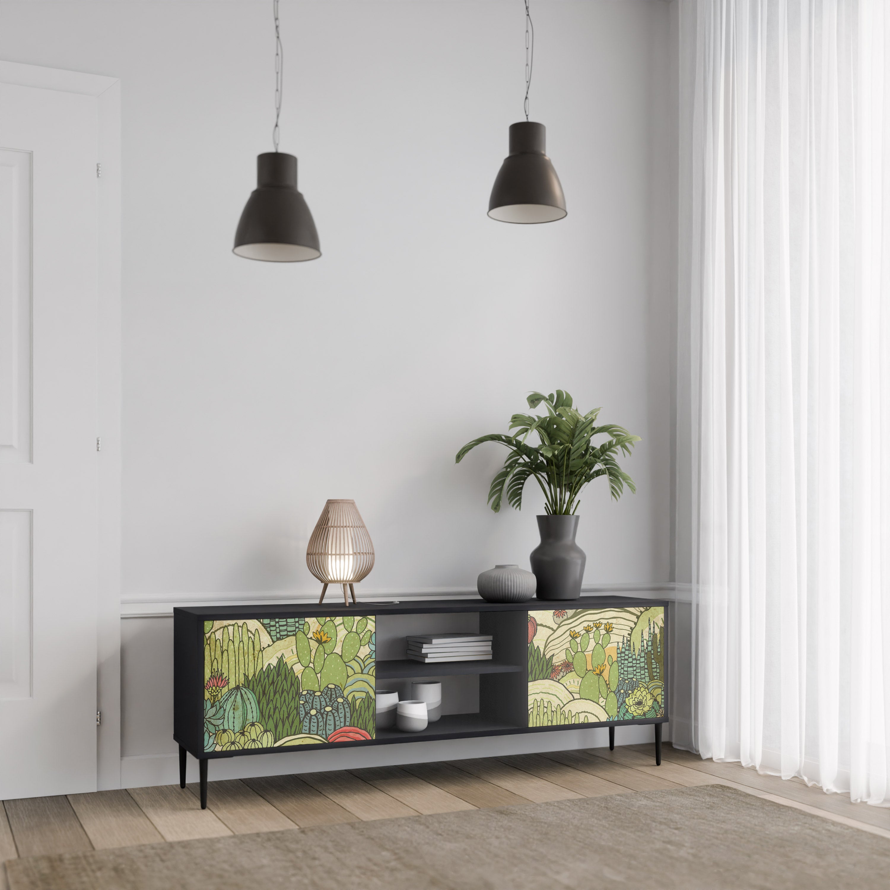 Mueble de TV de 2 puertas SUCCULENTS KALEIDOSCOPE con acabado negro