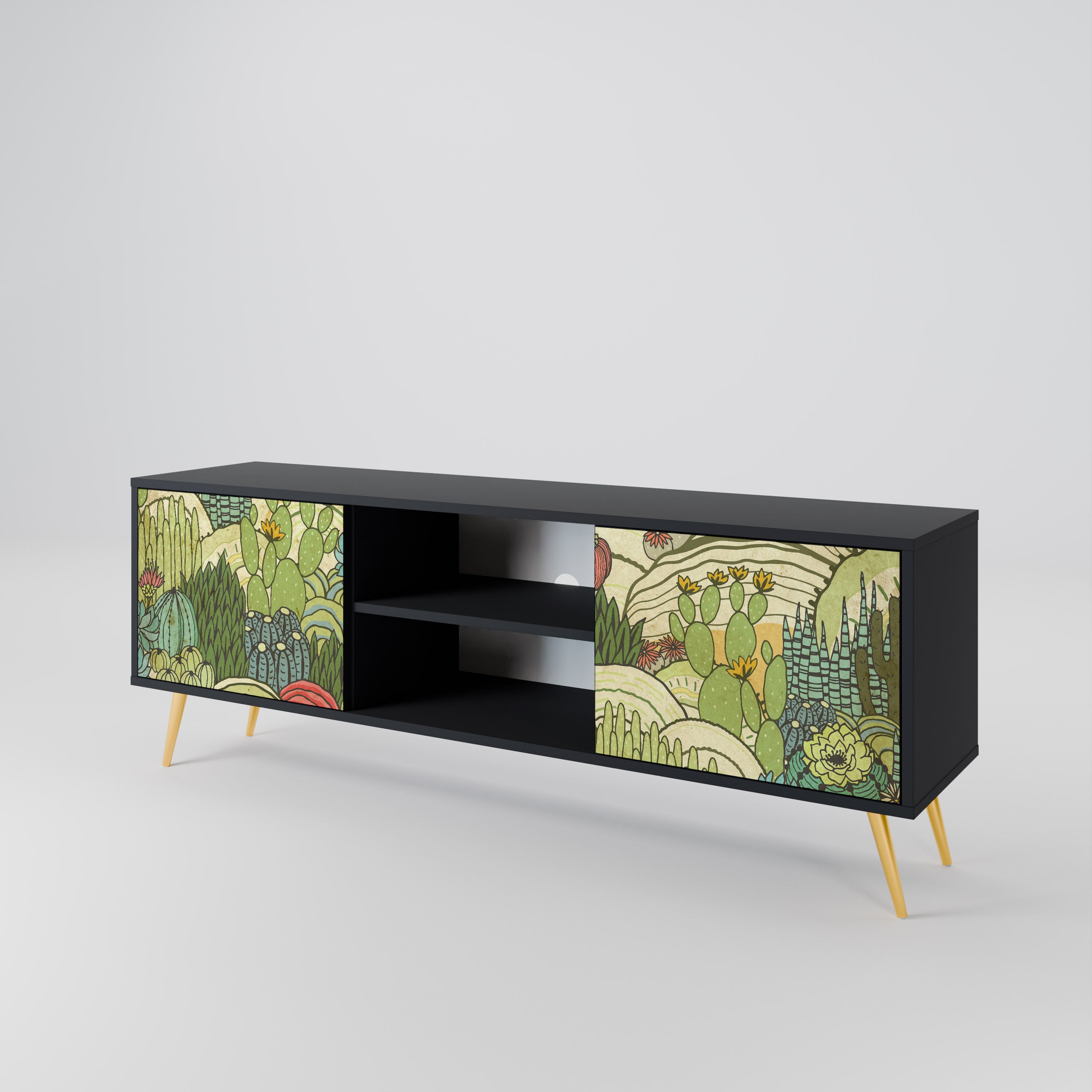 Mueble de TV de 2 puertas SUCCULENTS KALEIDOSCOPE con acabado negro