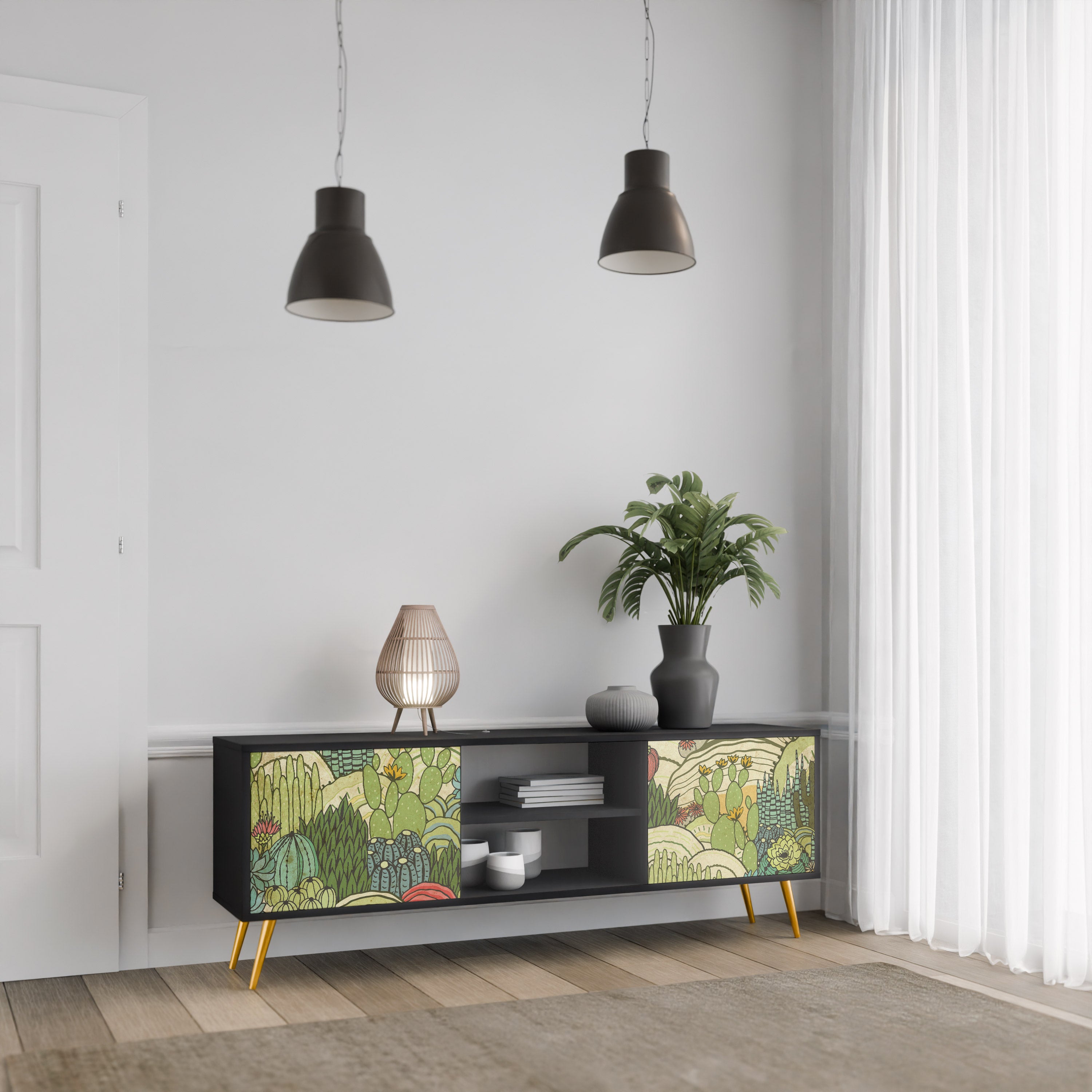Mueble de TV de 2 puertas SUCCULENTS KALEIDOSCOPE con acabado negro