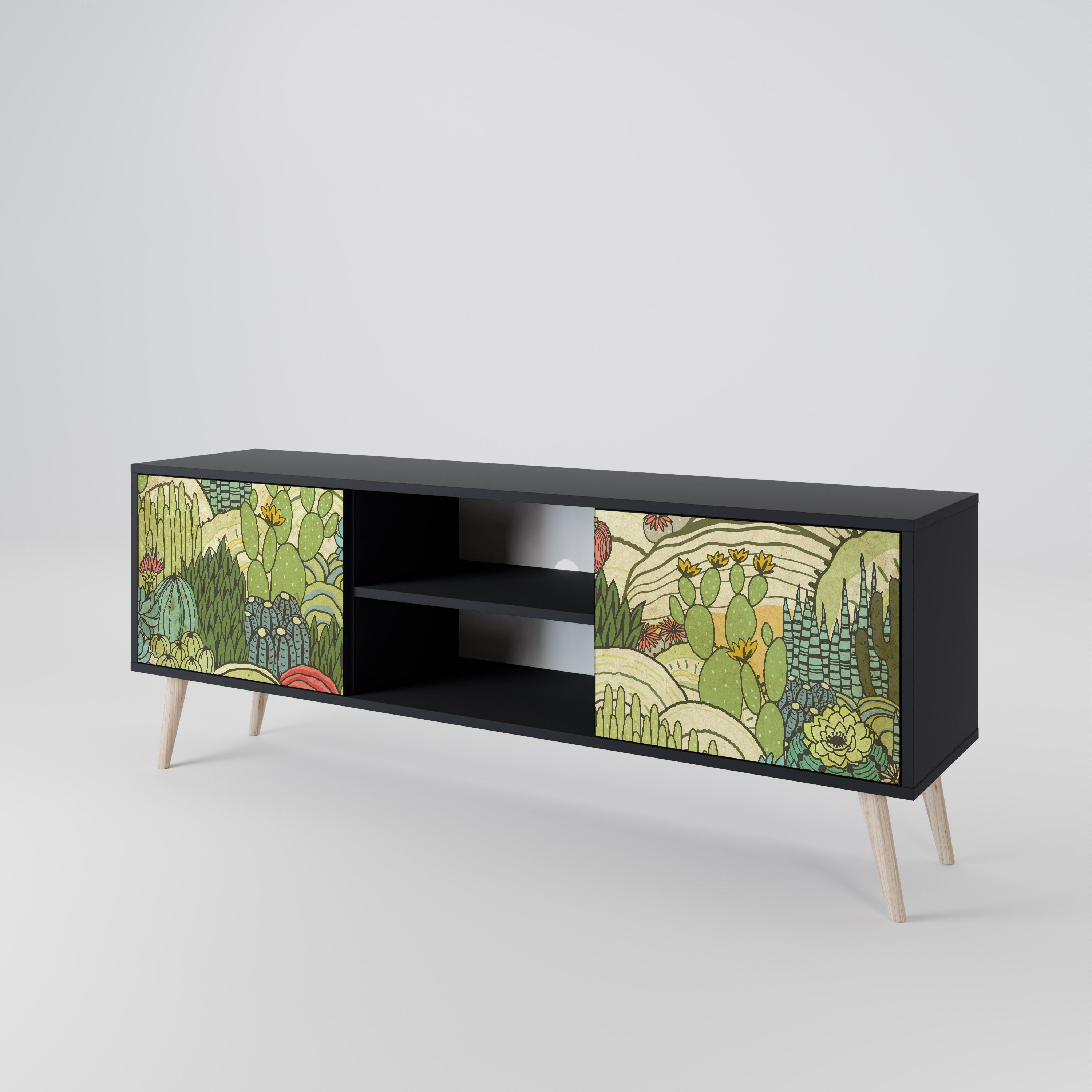 Mueble de TV de 2 puertas SUCCULENTS KALEIDOSCOPE con acabado negro
