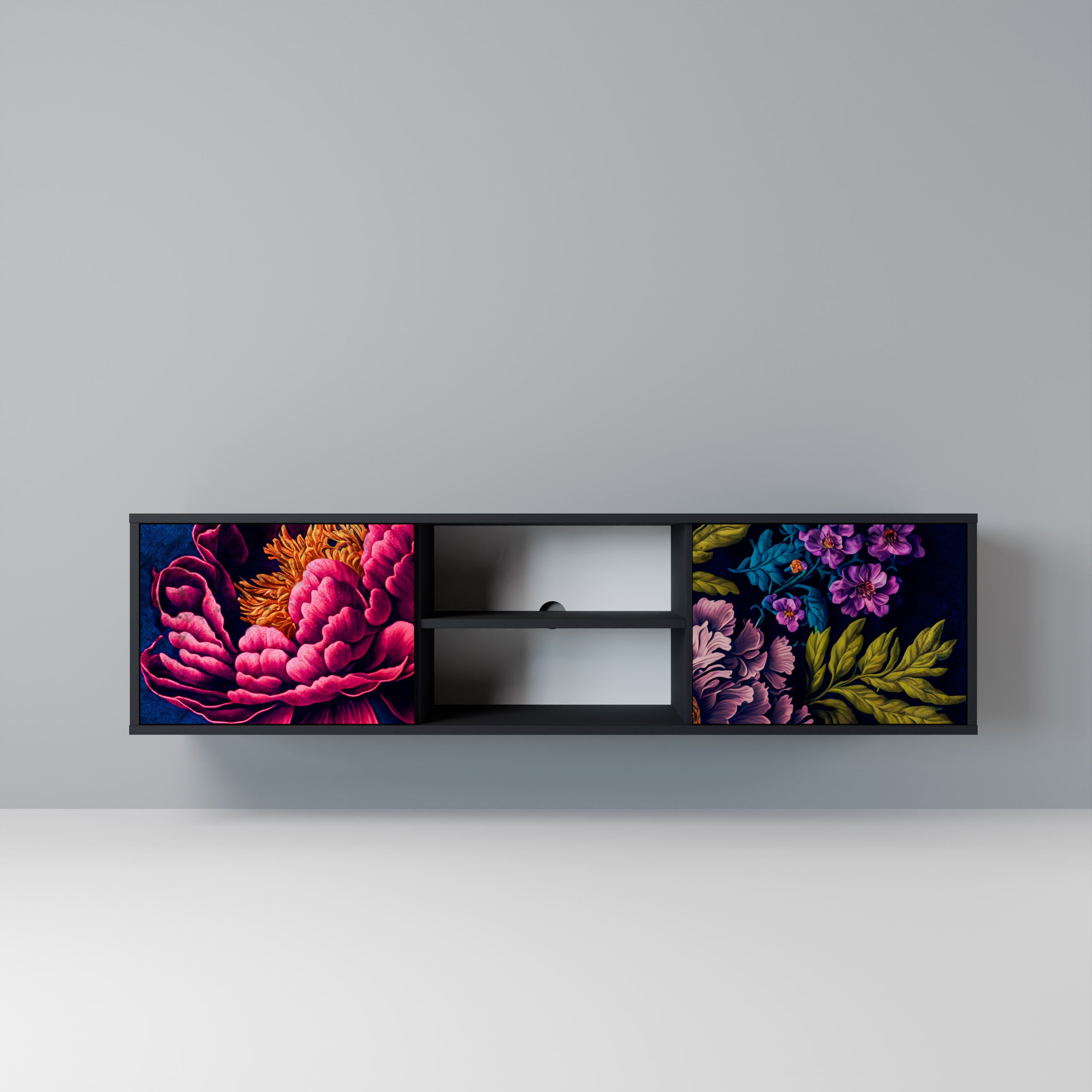 Mueble de TV de 2 puertas BLOOMING ELEGANCE con acabado negro