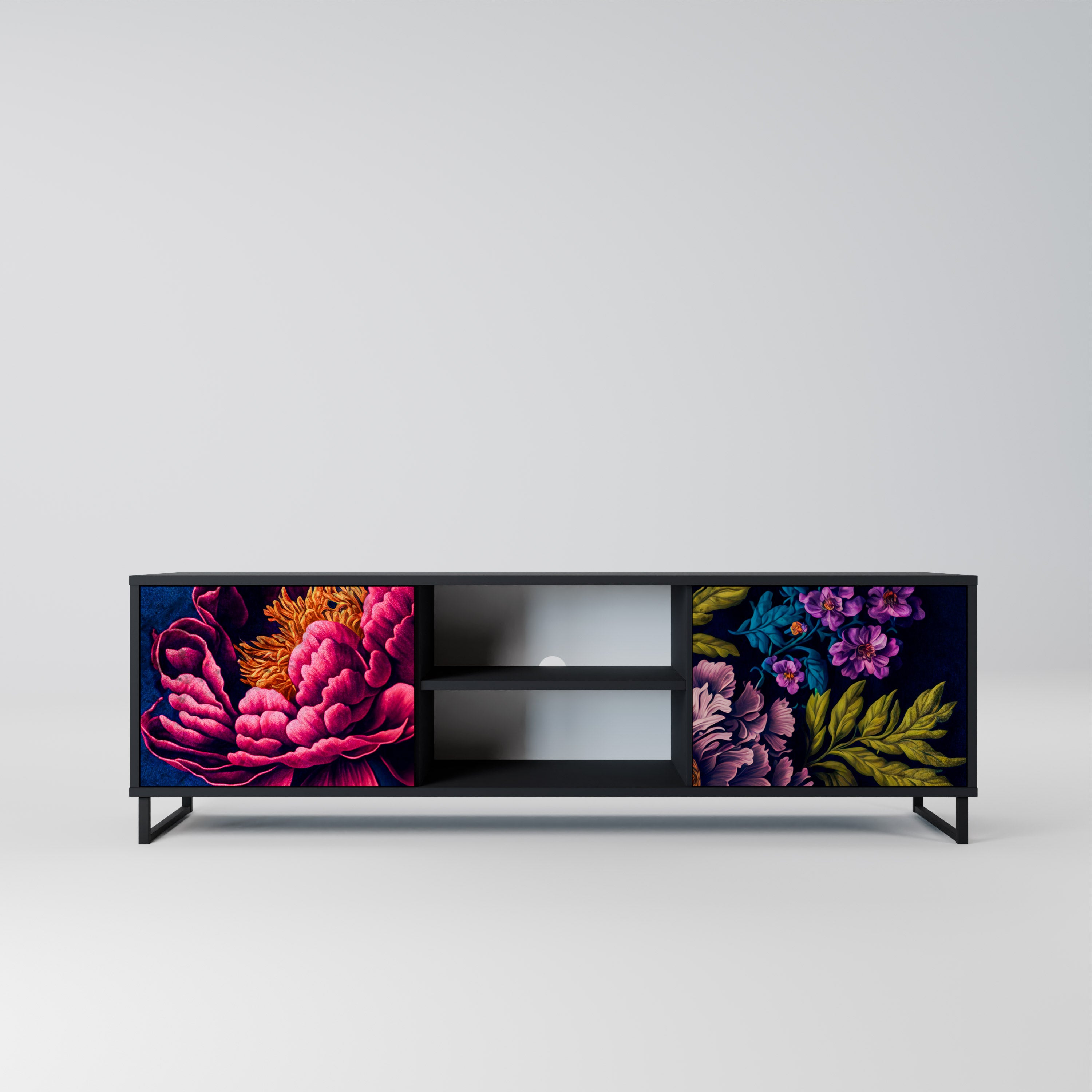 Mueble de TV de 2 puertas BLOOMING ELEGANCE con acabado negro
