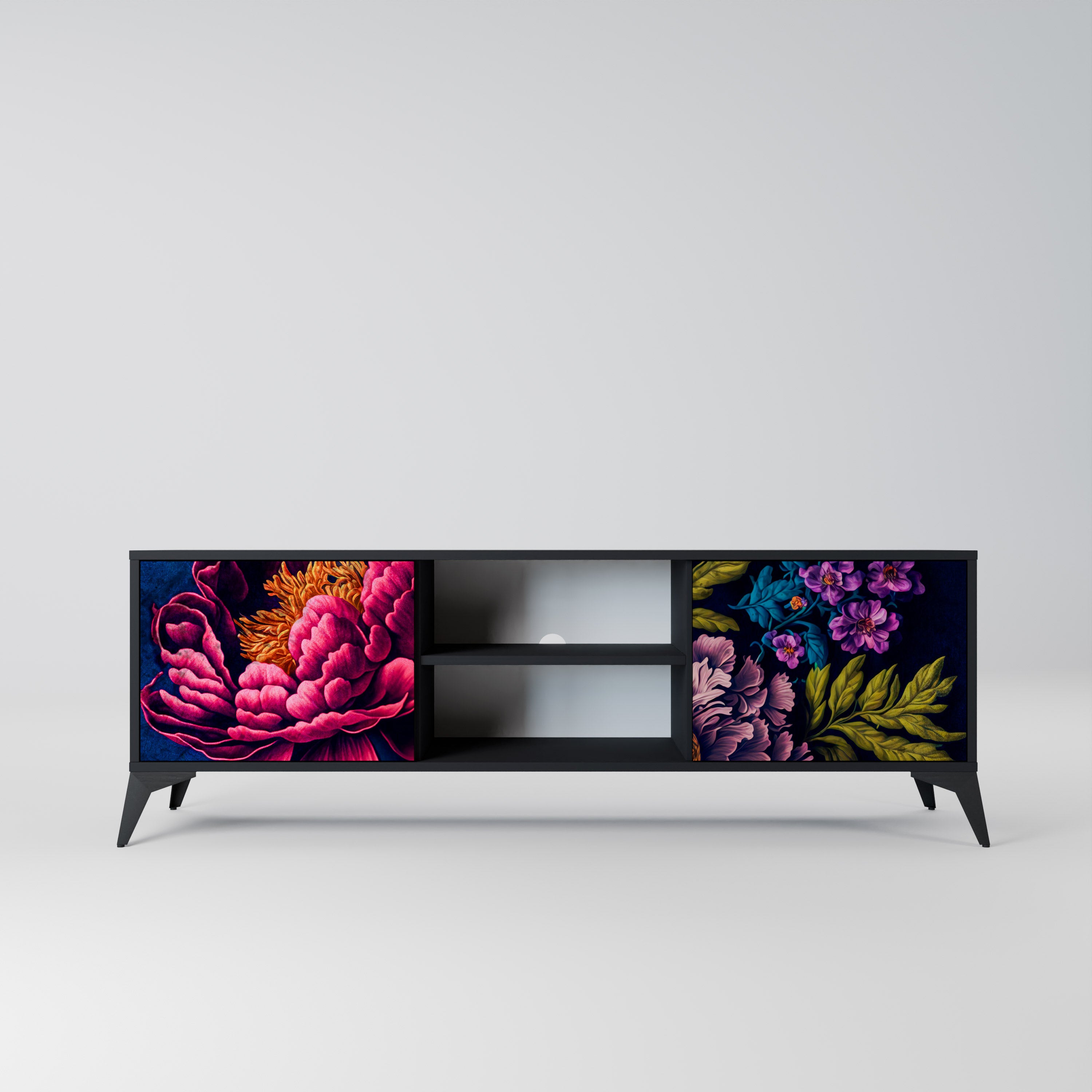Mueble de TV de 2 puertas BLOOMING ELEGANCE con acabado negro