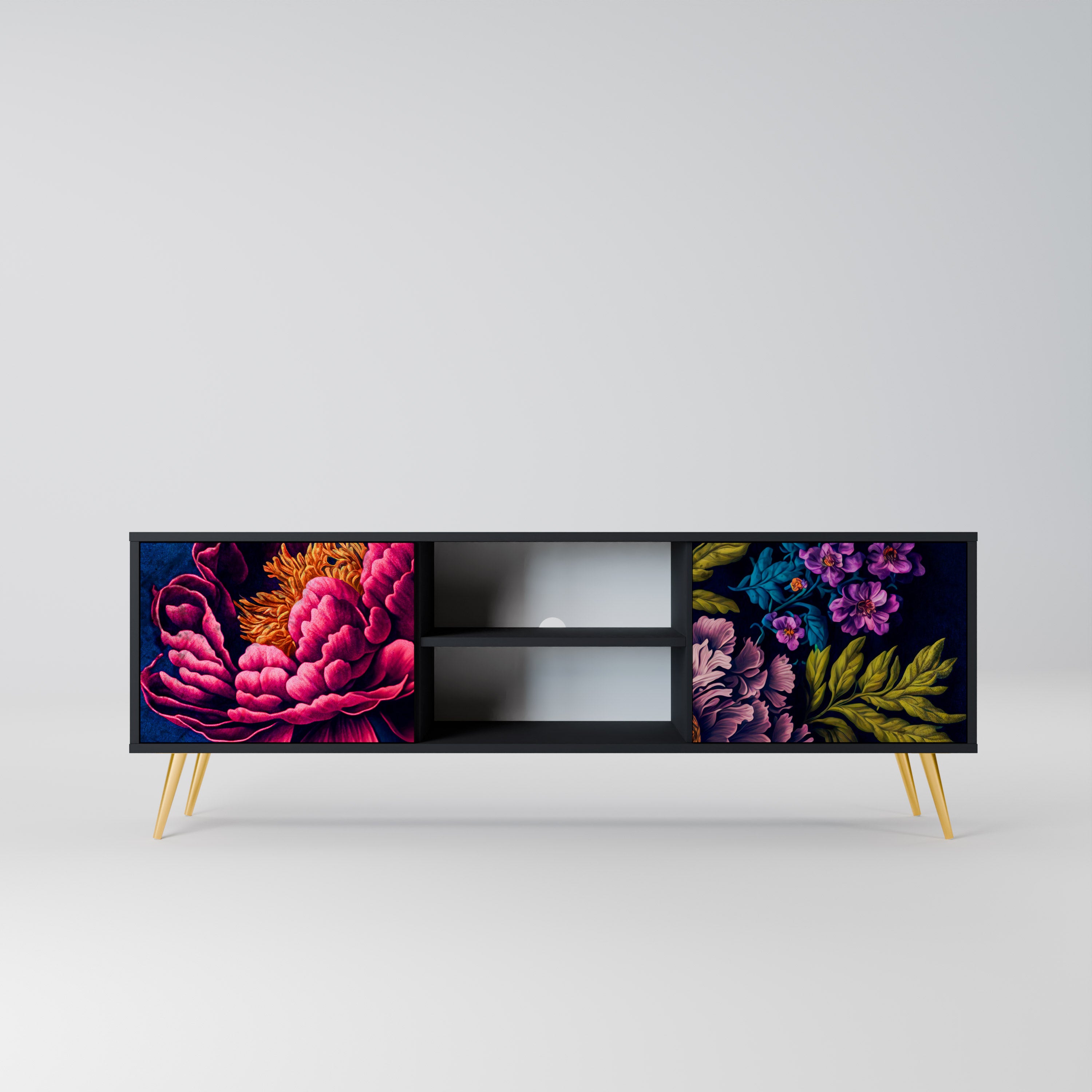 Mueble de TV de 2 puertas BLOOMING ELEGANCE con acabado negro