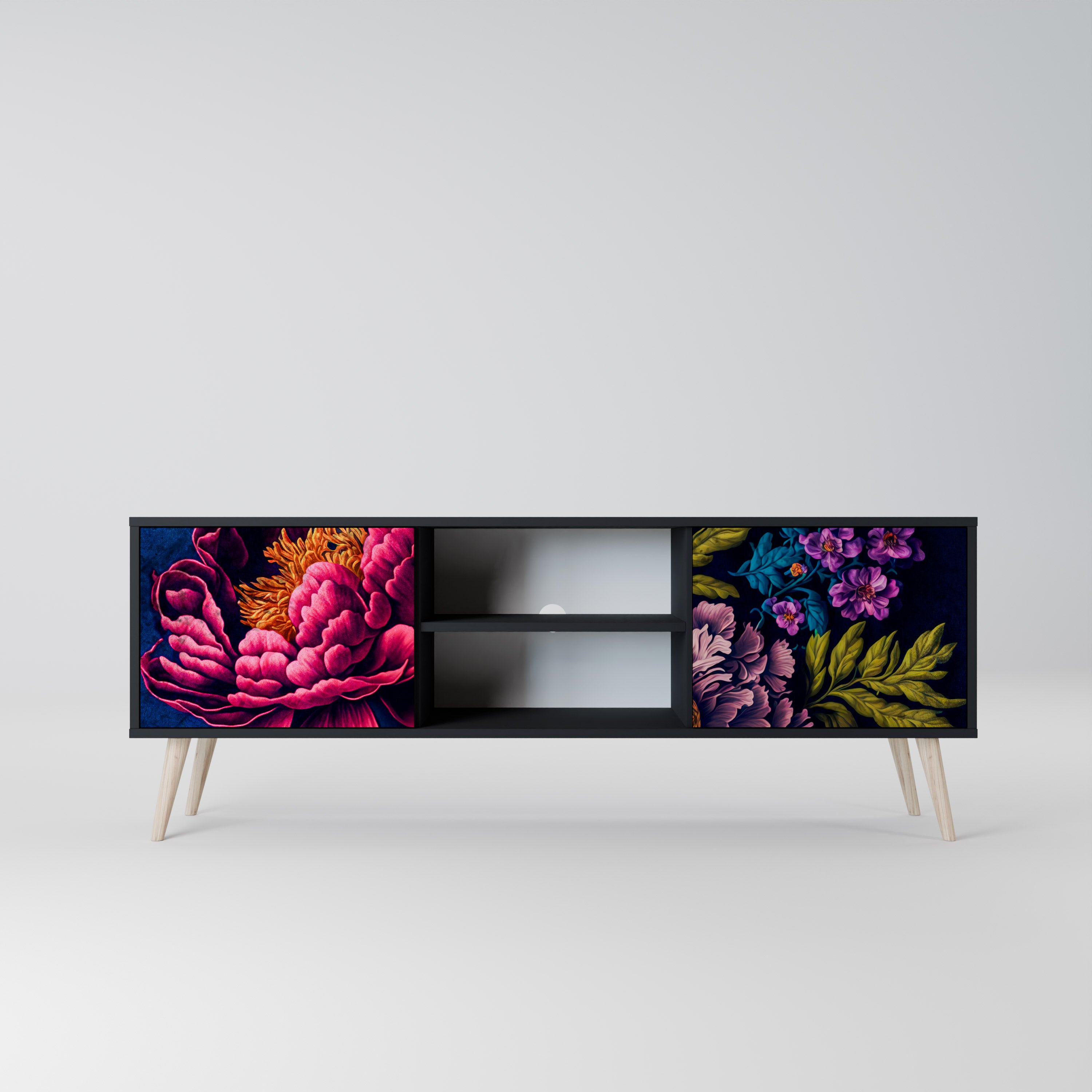 Mueble de TV de 2 puertas BLOOMING ELEGANCE con acabado negro