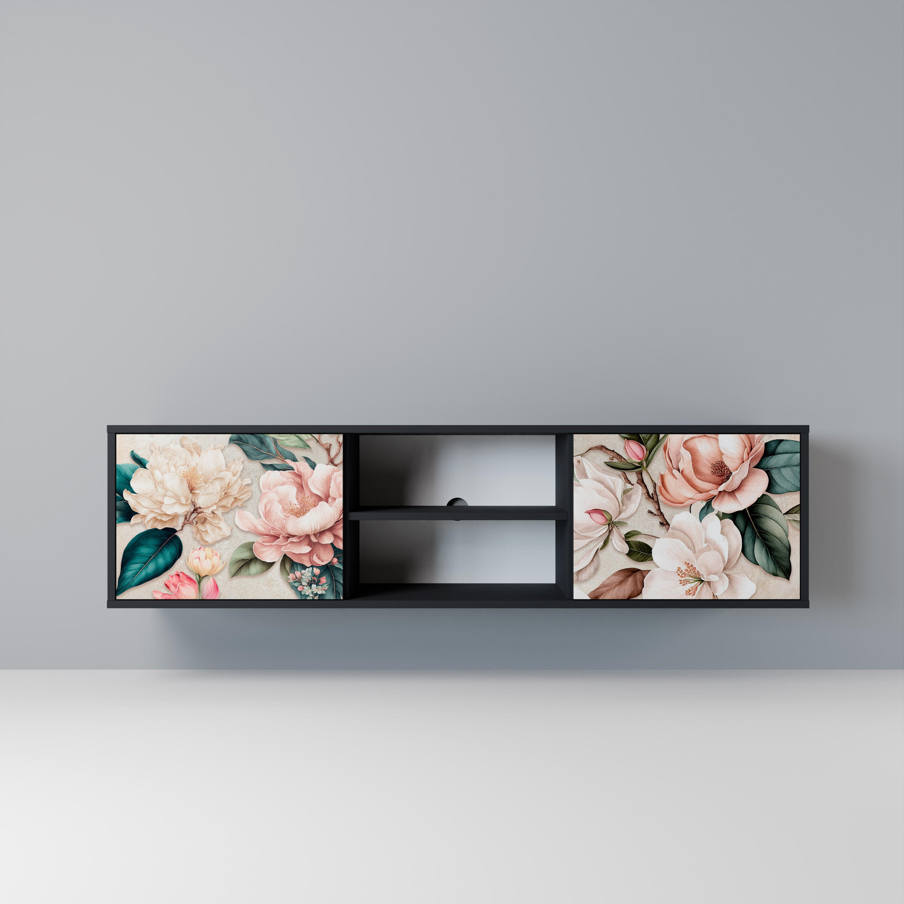 Mueble de TV de 2 puertas FLORAL GRACE con acabado negro