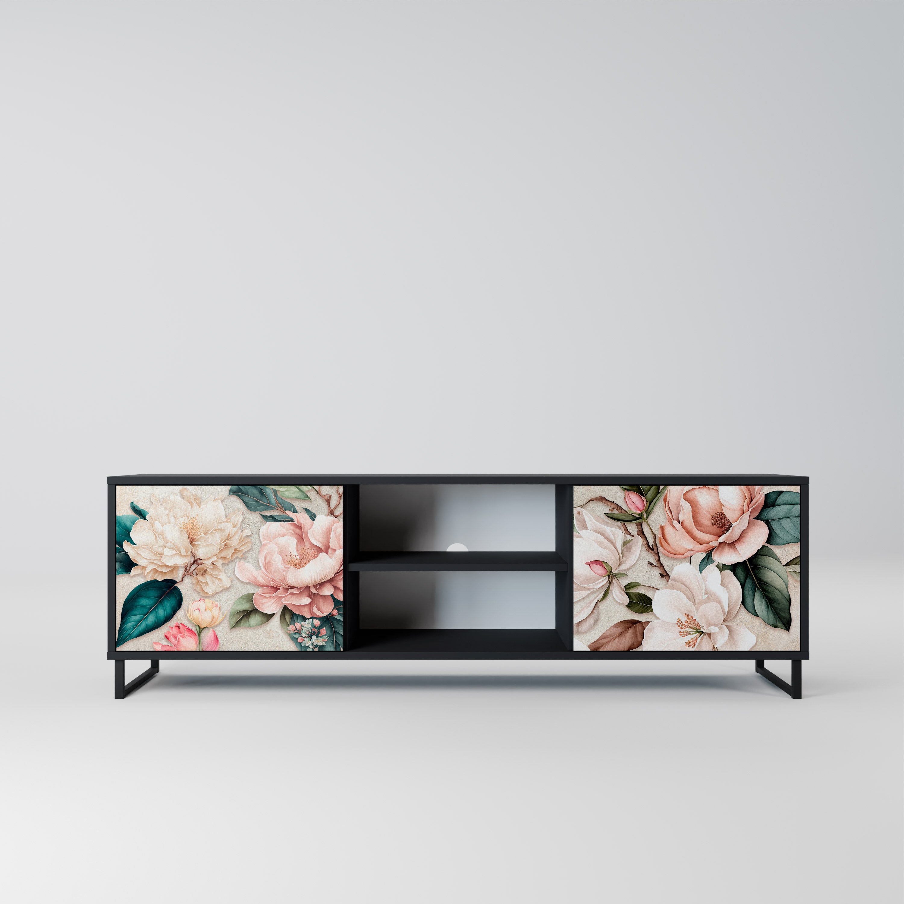 Mueble de TV de 2 puertas FLORAL GRACE con acabado negro