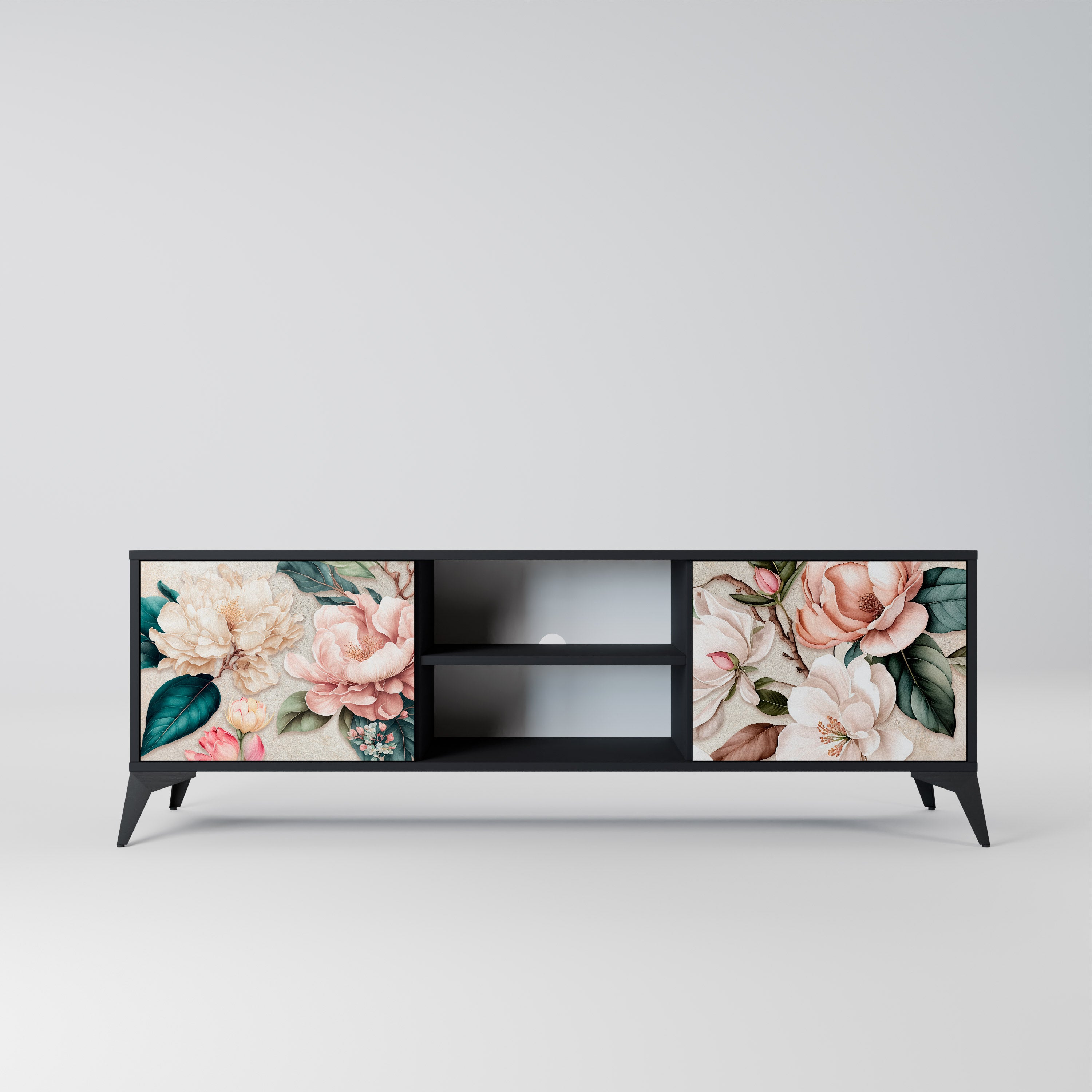 Mueble de TV de 2 puertas FLORAL GRACE con acabado negro