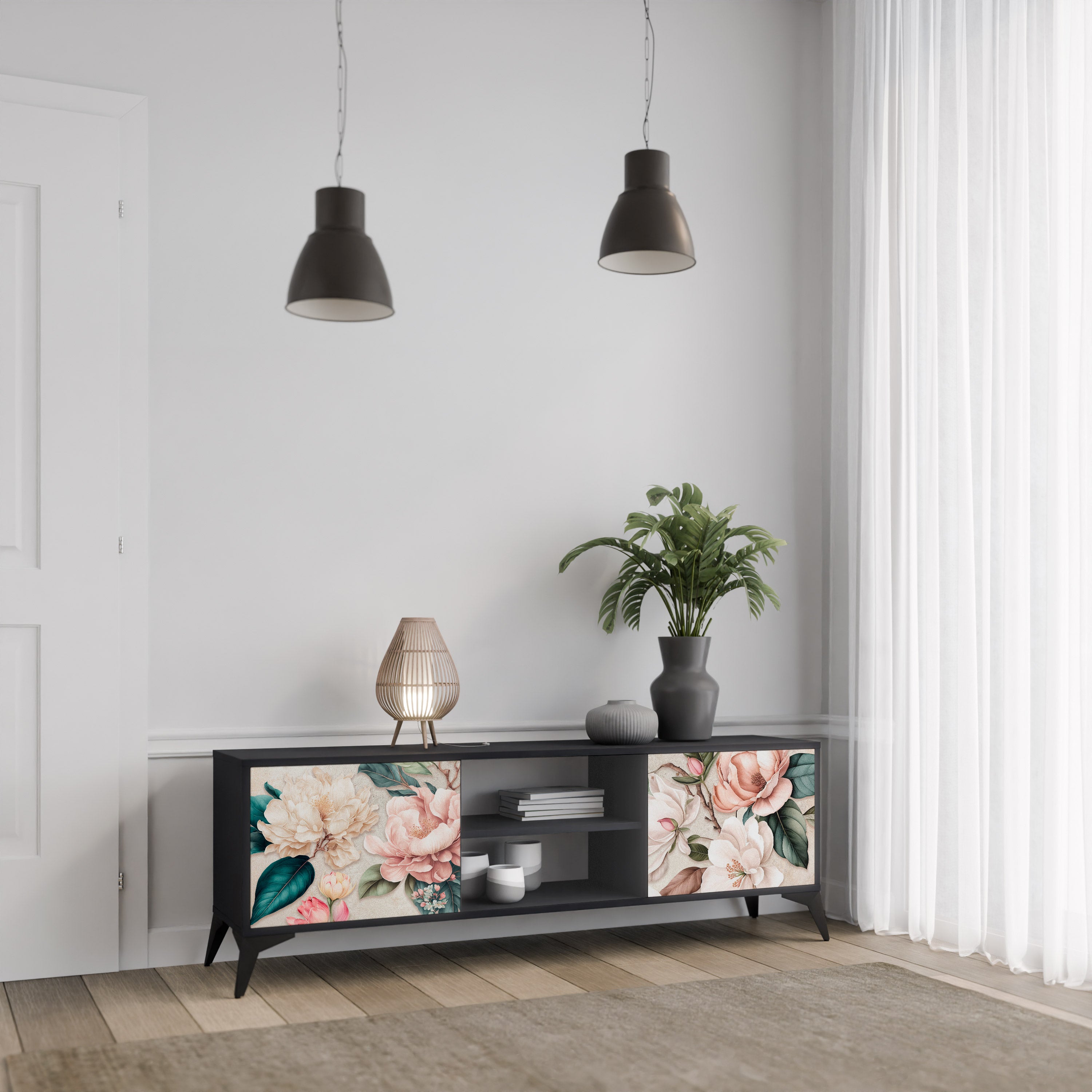 Mueble de TV de 2 puertas FLORAL GRACE con acabado negro