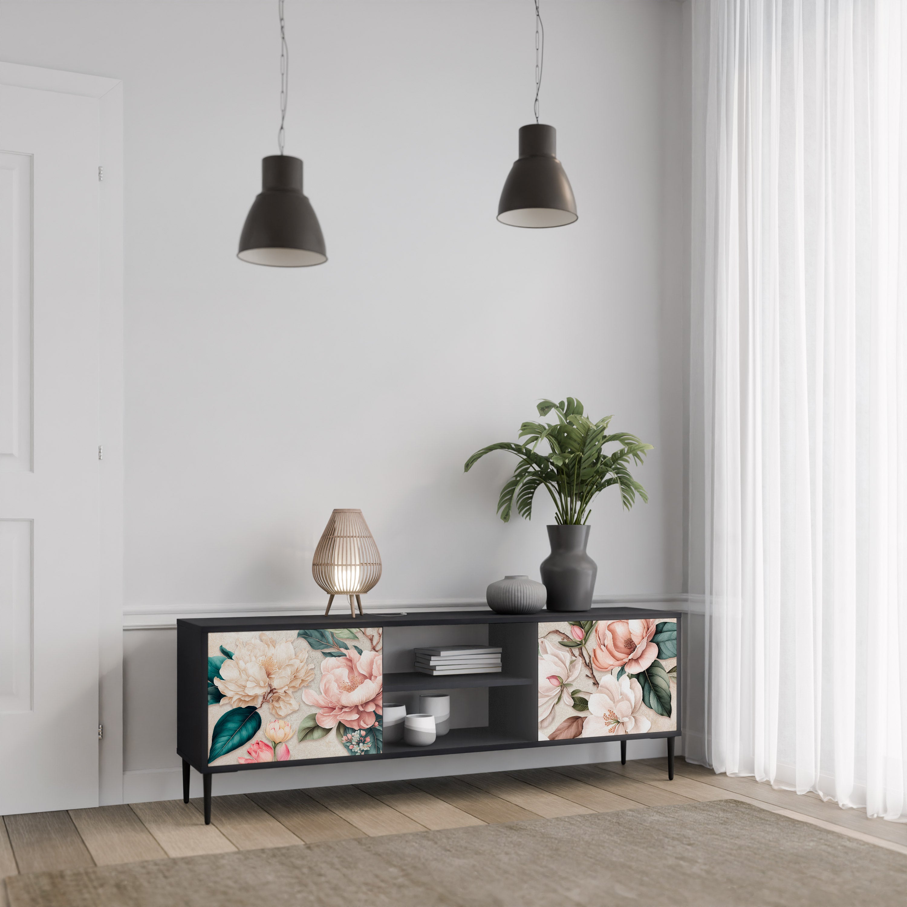 Mueble de TV de 2 puertas FLORAL GRACE con acabado negro