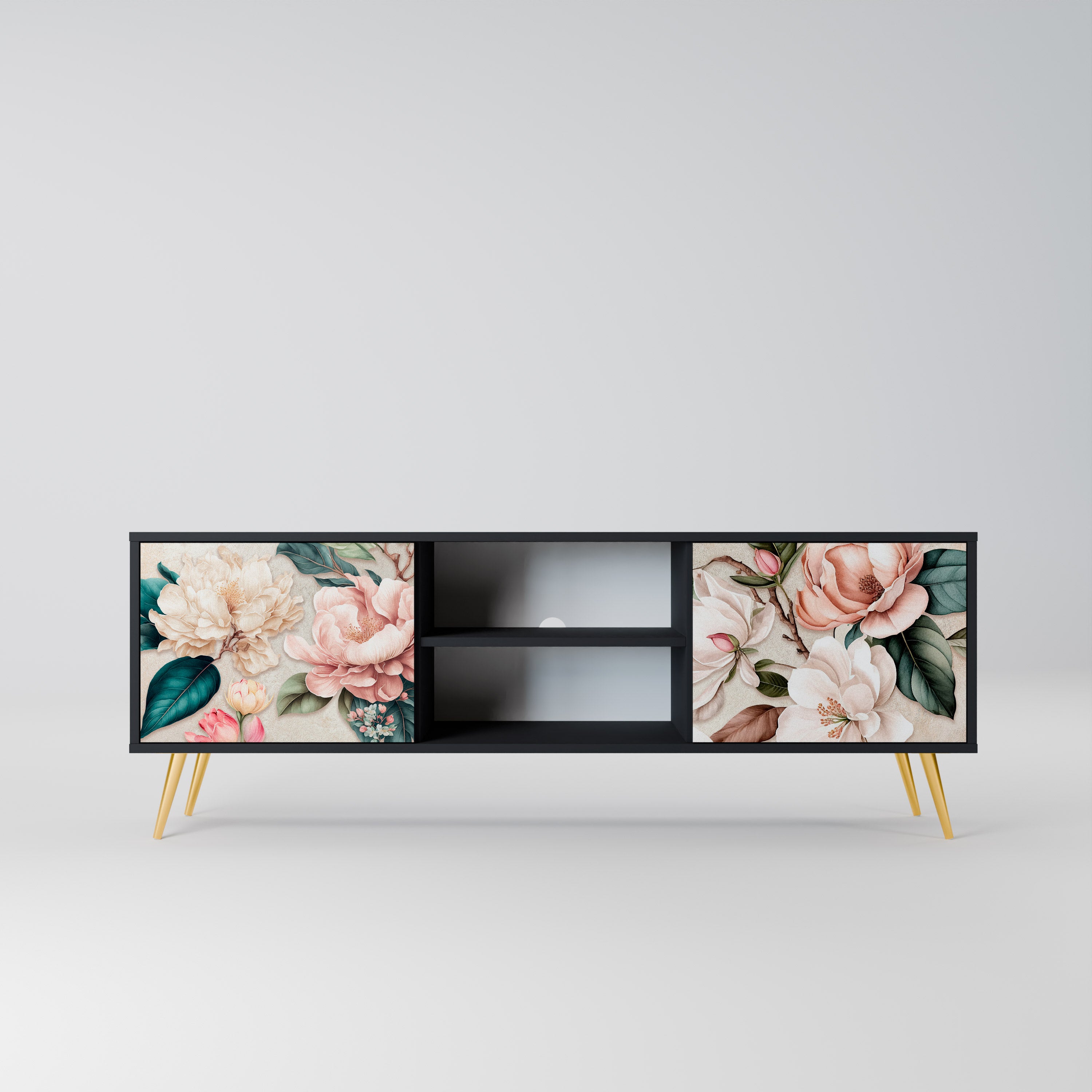 Mueble de TV de 2 puertas FLORAL GRACE con acabado negro