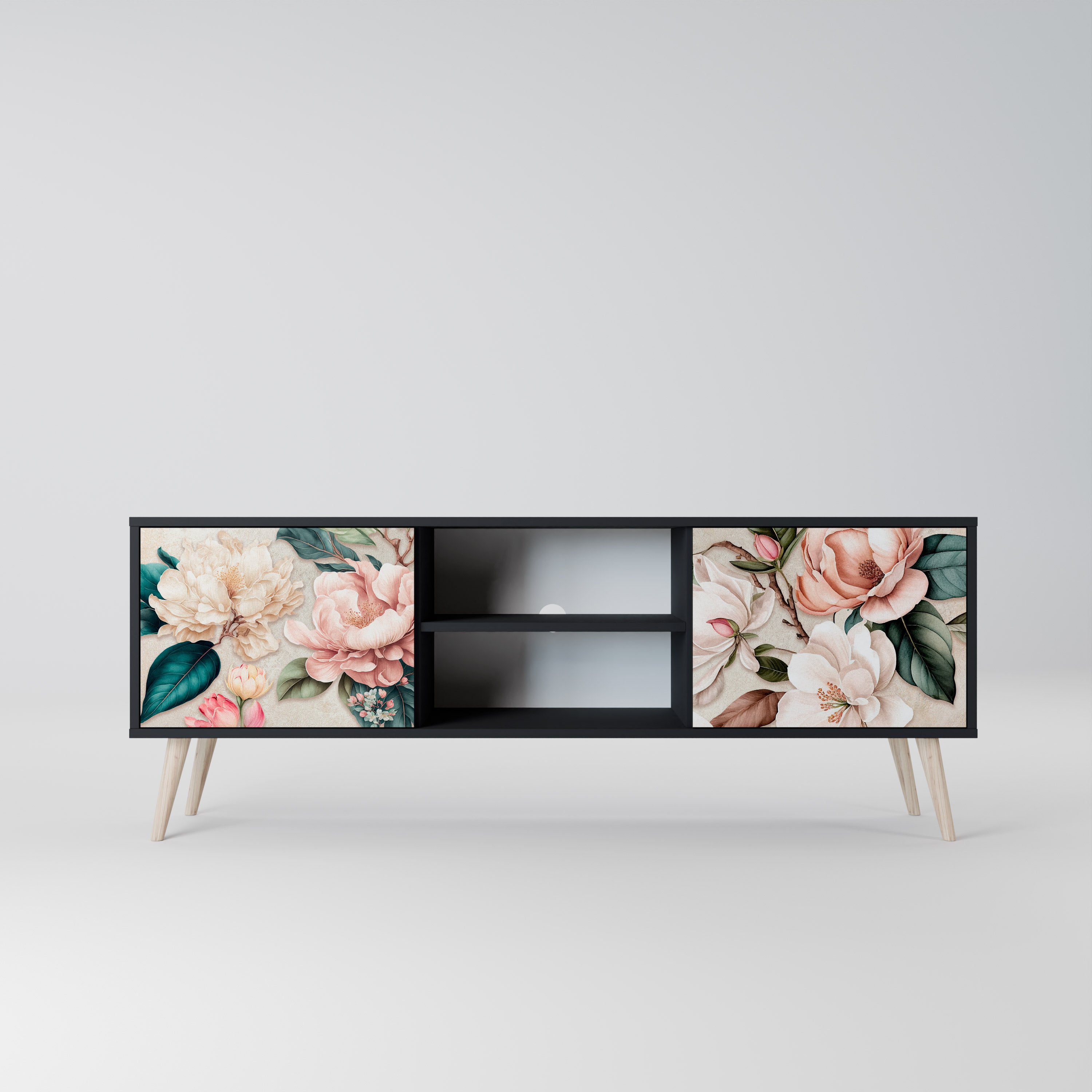 Mueble de TV de 2 puertas FLORAL GRACE con acabado negro
