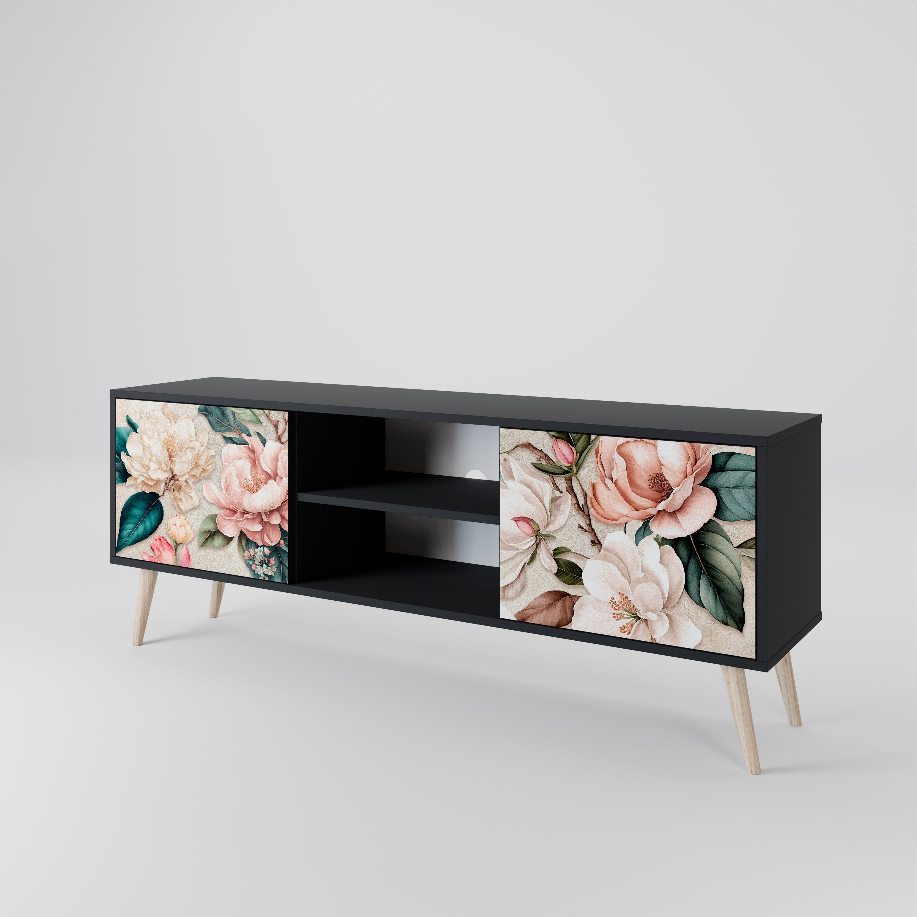 Mueble de TV de 2 puertas FLORAL GRACE con acabado negro