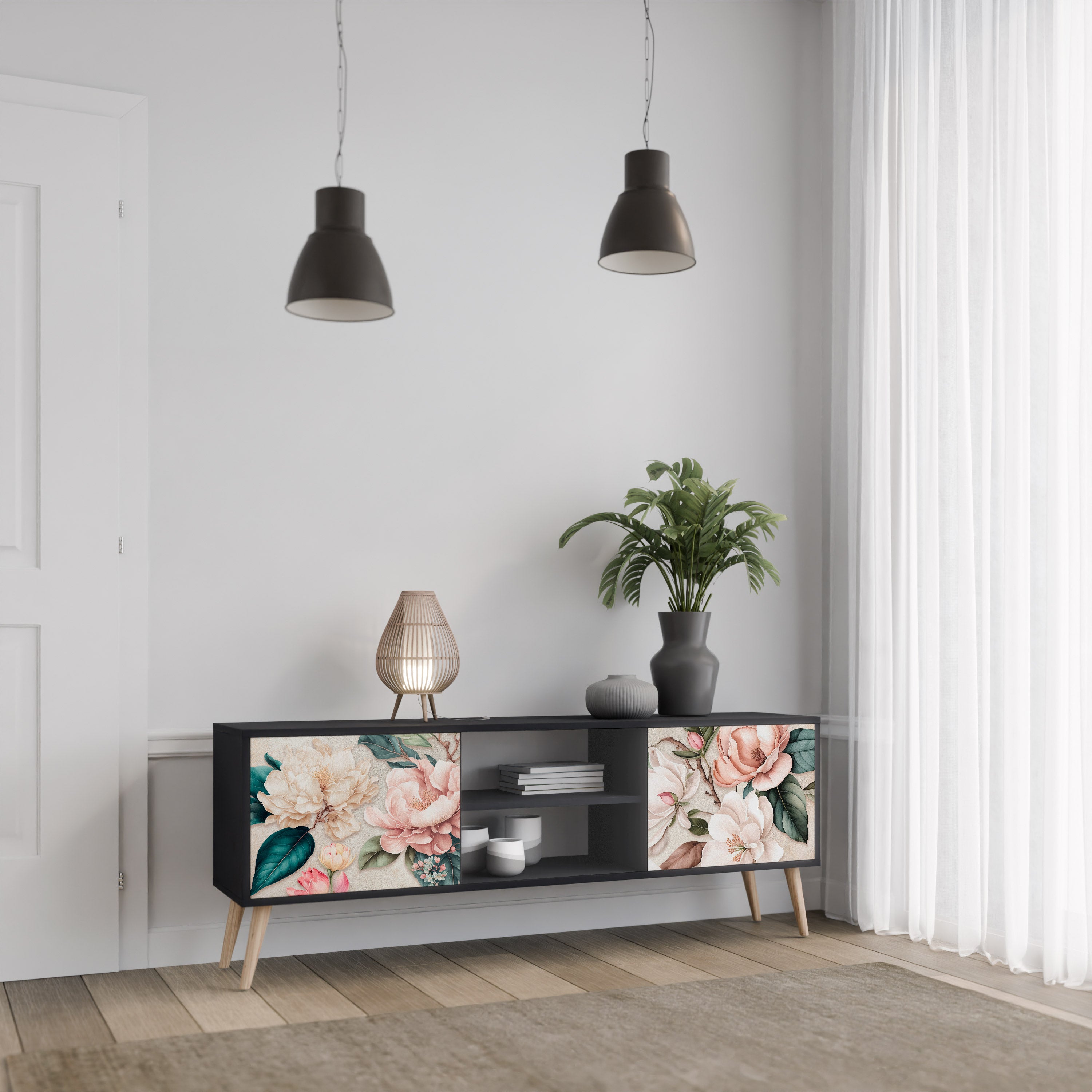 Mueble de TV de 2 puertas FLORAL GRACE con acabado negro