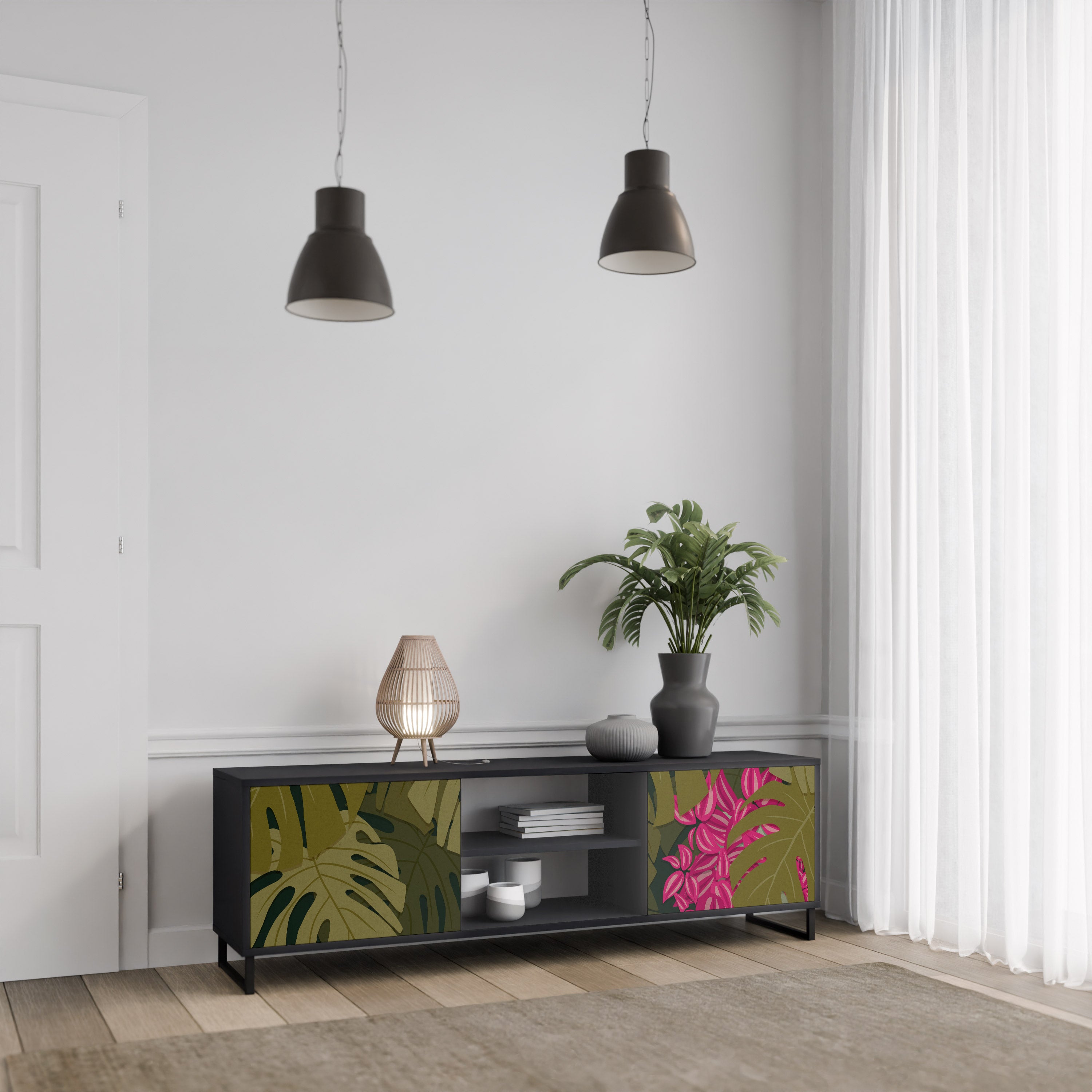 Mueble de TV de 2 puertas TROPICAL BEAUTY en acabado negro