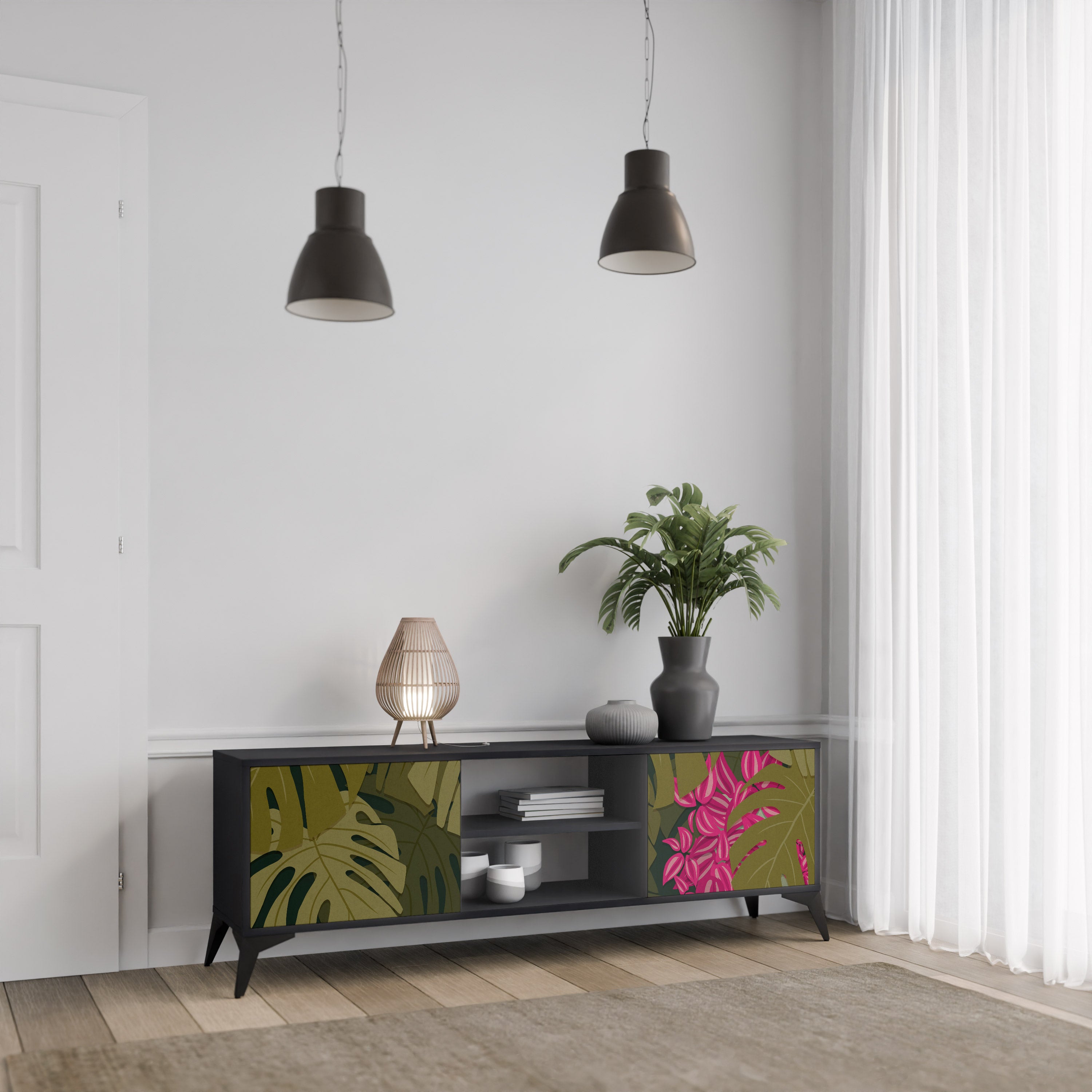 Mueble de TV de 2 puertas TROPICAL BEAUTY en acabado negro