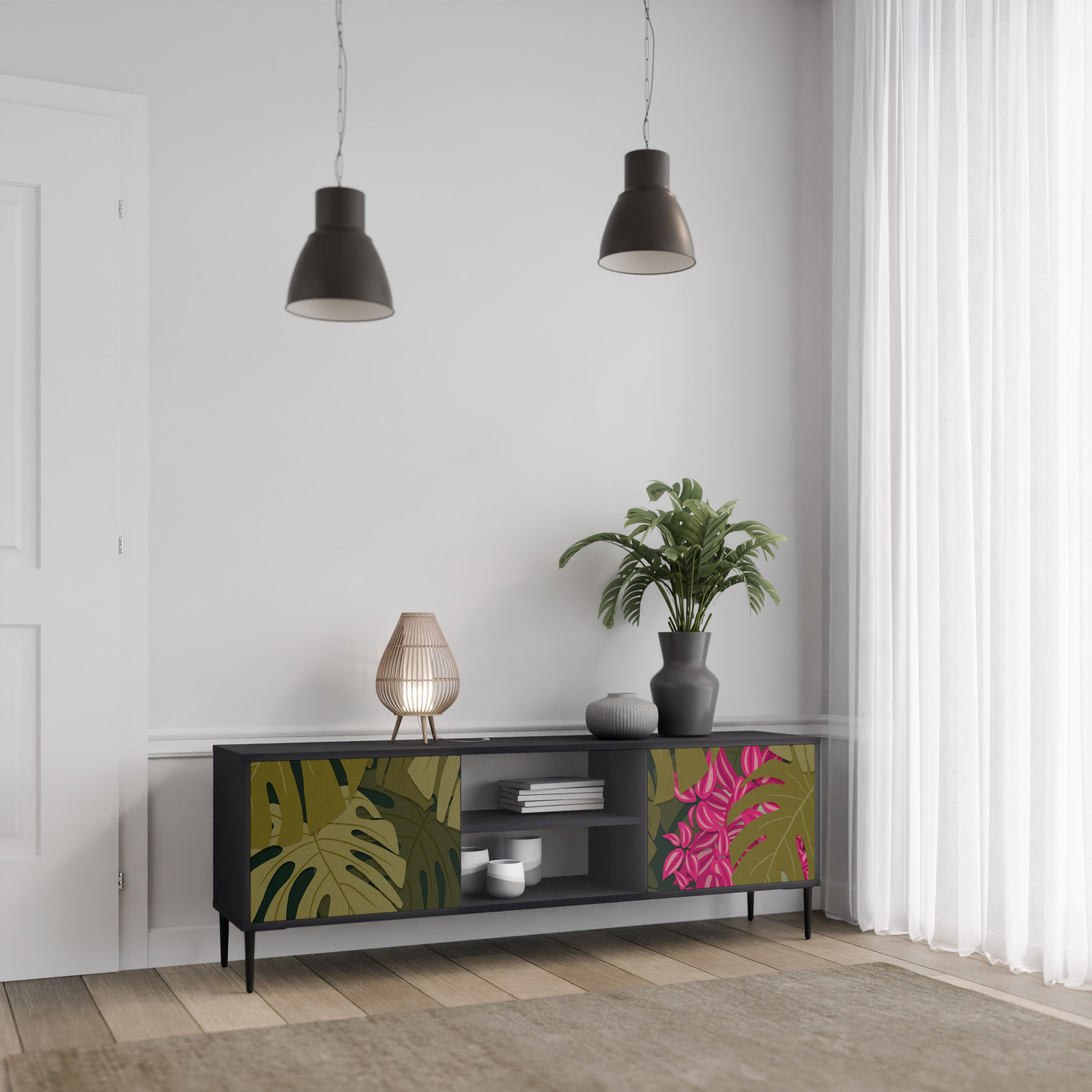 Mueble de TV de 2 puertas TROPICAL BEAUTY en acabado negro