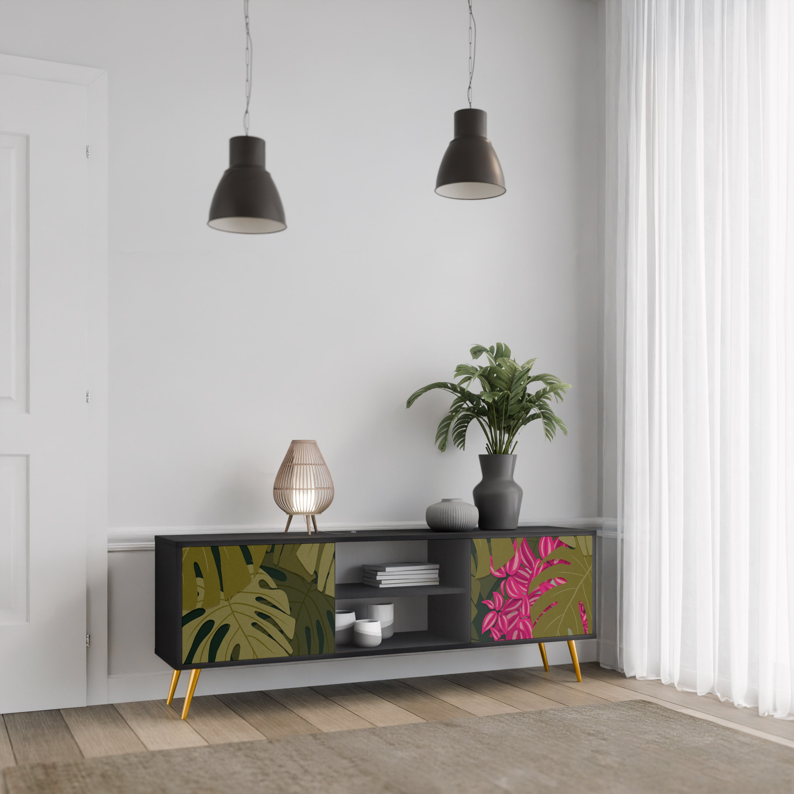 Mueble de TV de 2 puertas TROPICAL BEAUTY en acabado negro
