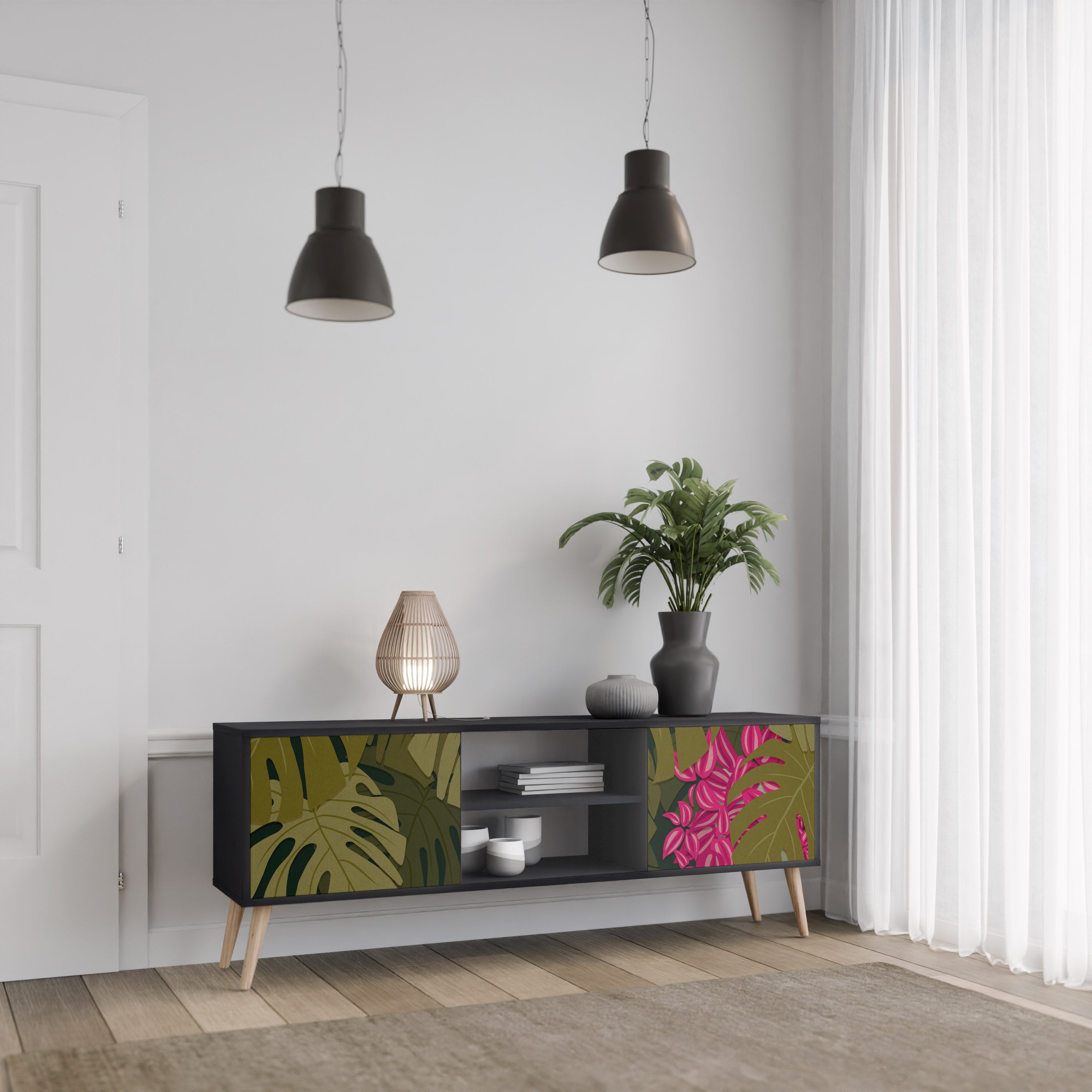Mueble de TV de 2 puertas TROPICAL BEAUTY en acabado negro