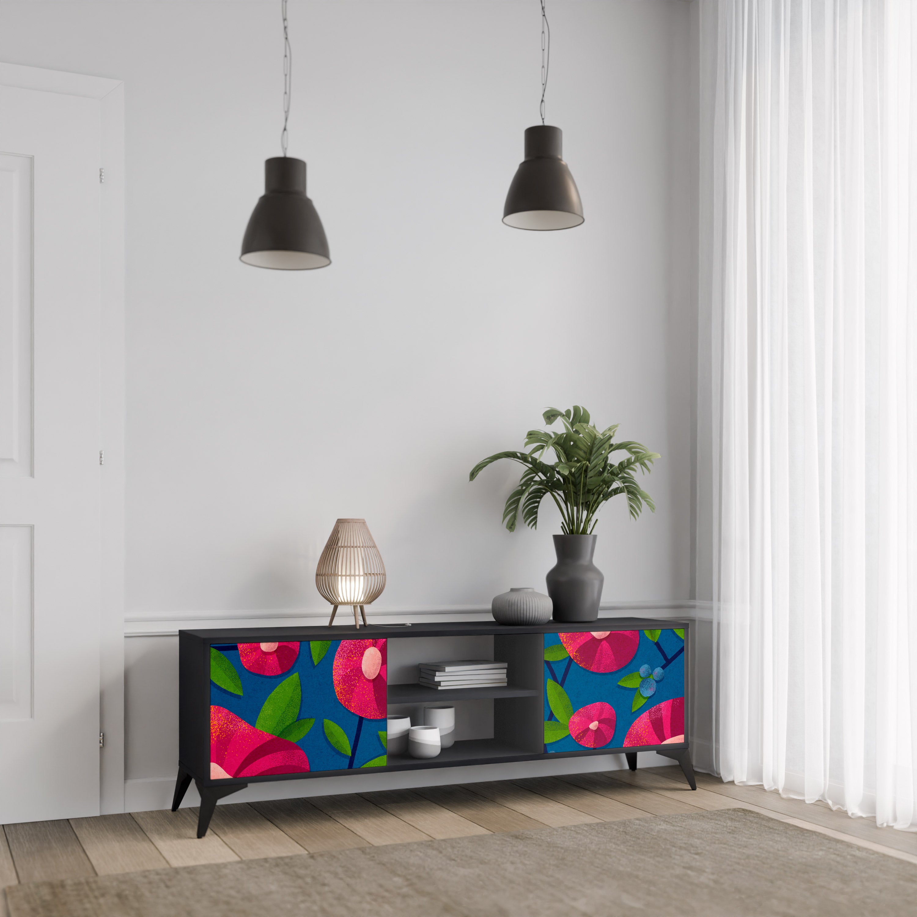 Mueble de TV de 2 puertas SPRING THOUGHTS con acabado negro