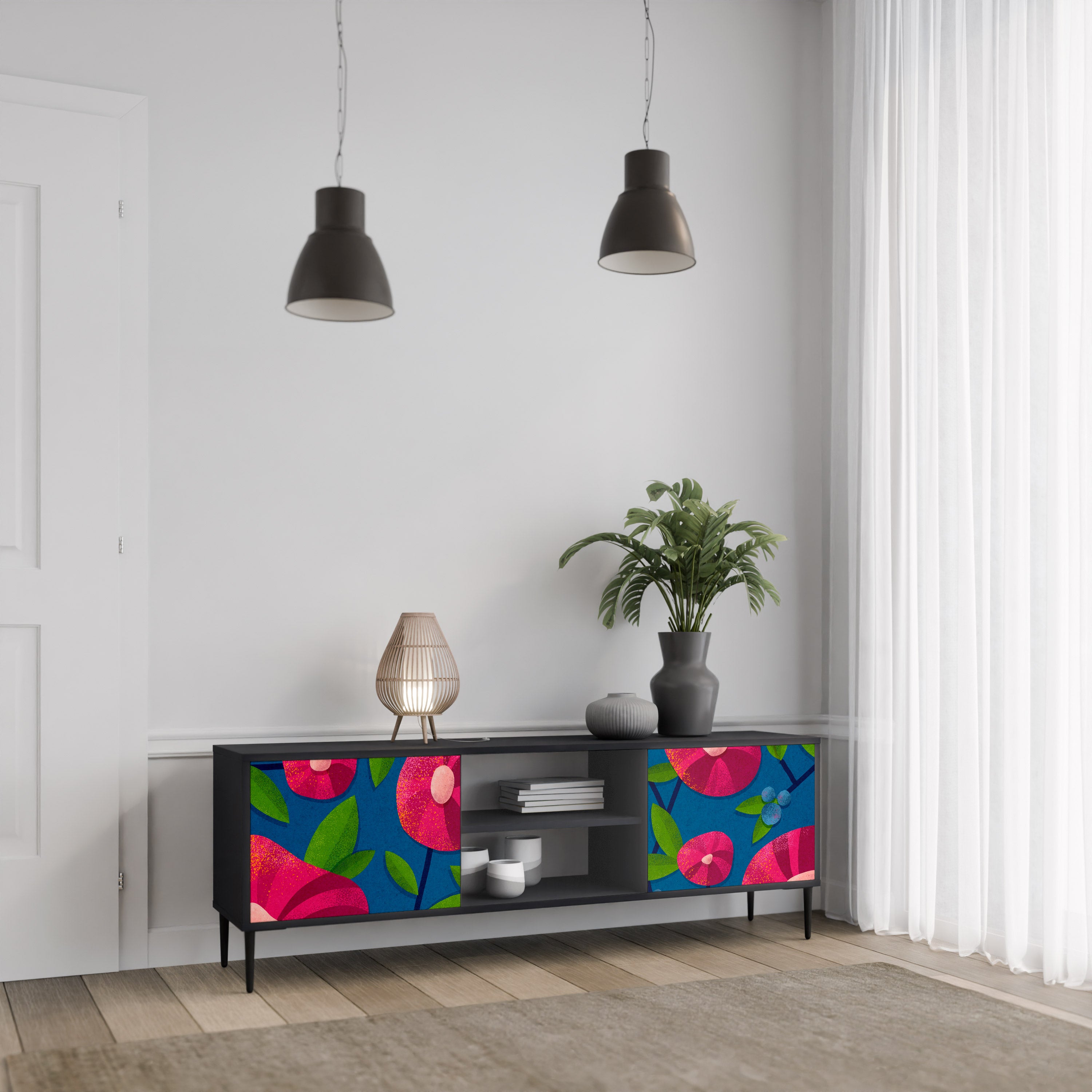 Mueble de TV de 2 puertas SPRING THOUGHTS con acabado negro