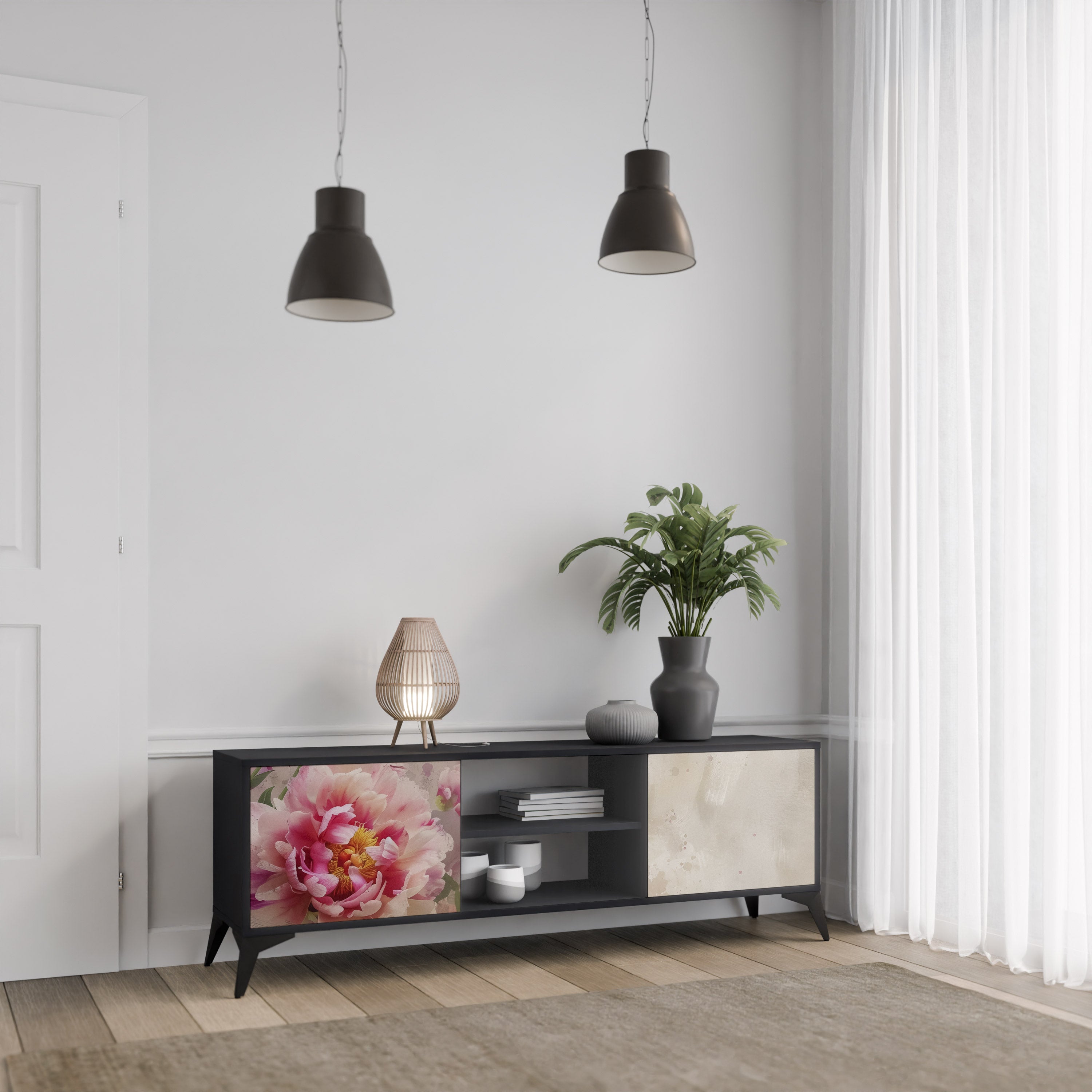 Mueble de TV de 2 puertas PEONY WHISPER con acabado negro