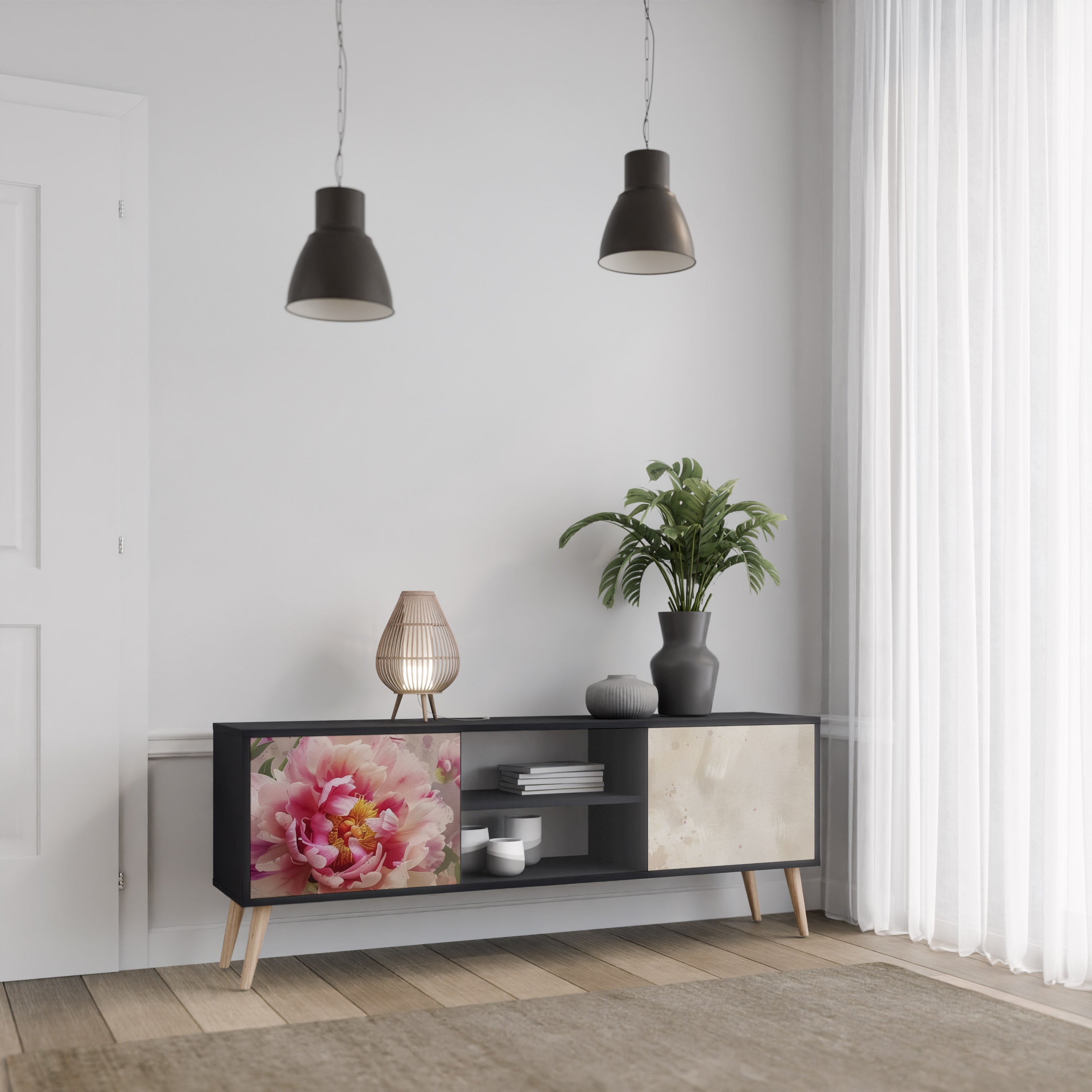 Mueble de TV de 2 puertas PEONY WHISPER con acabado negro