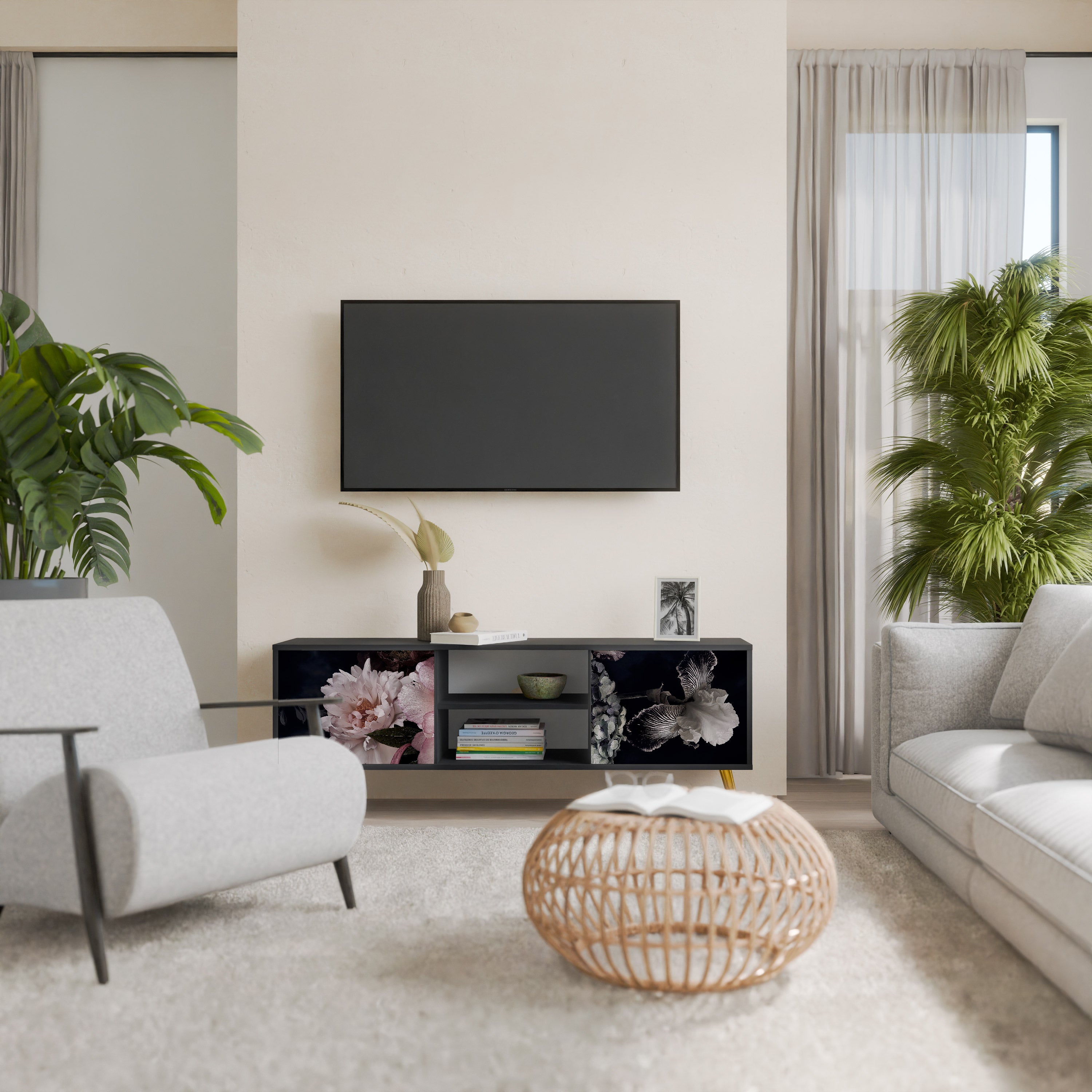 Mueble de TV de 2 puertas PURE BLOSSOM con acabado negro
