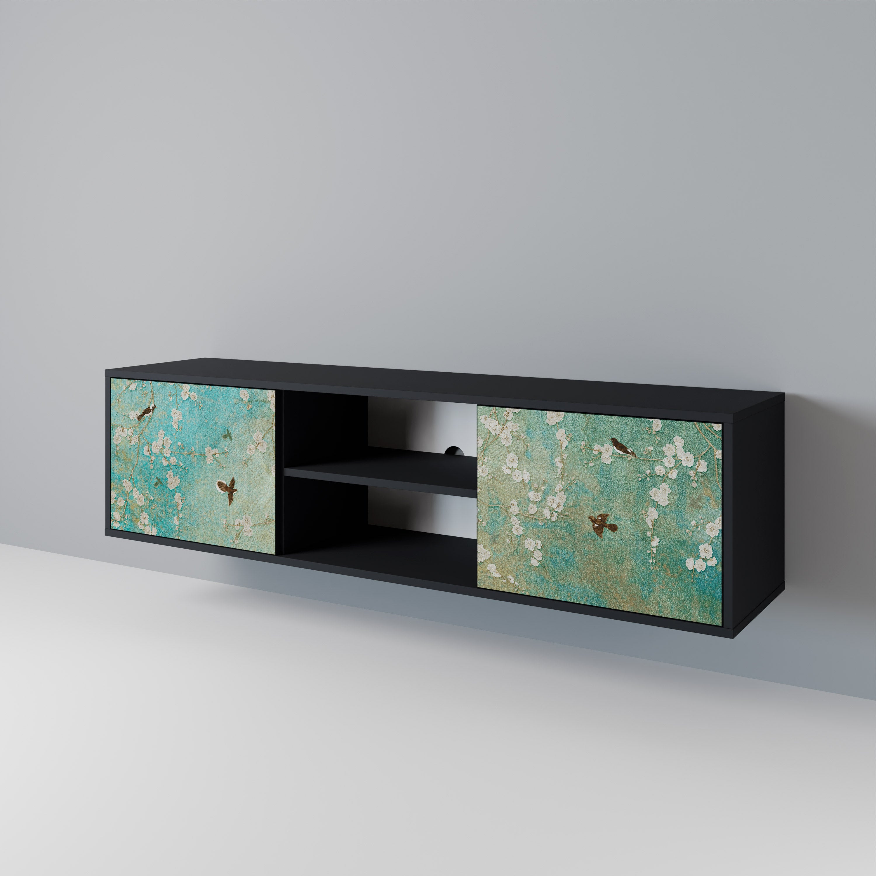 Mueble de TV de 2 puertas BLOOMING CHARM en acabado negro