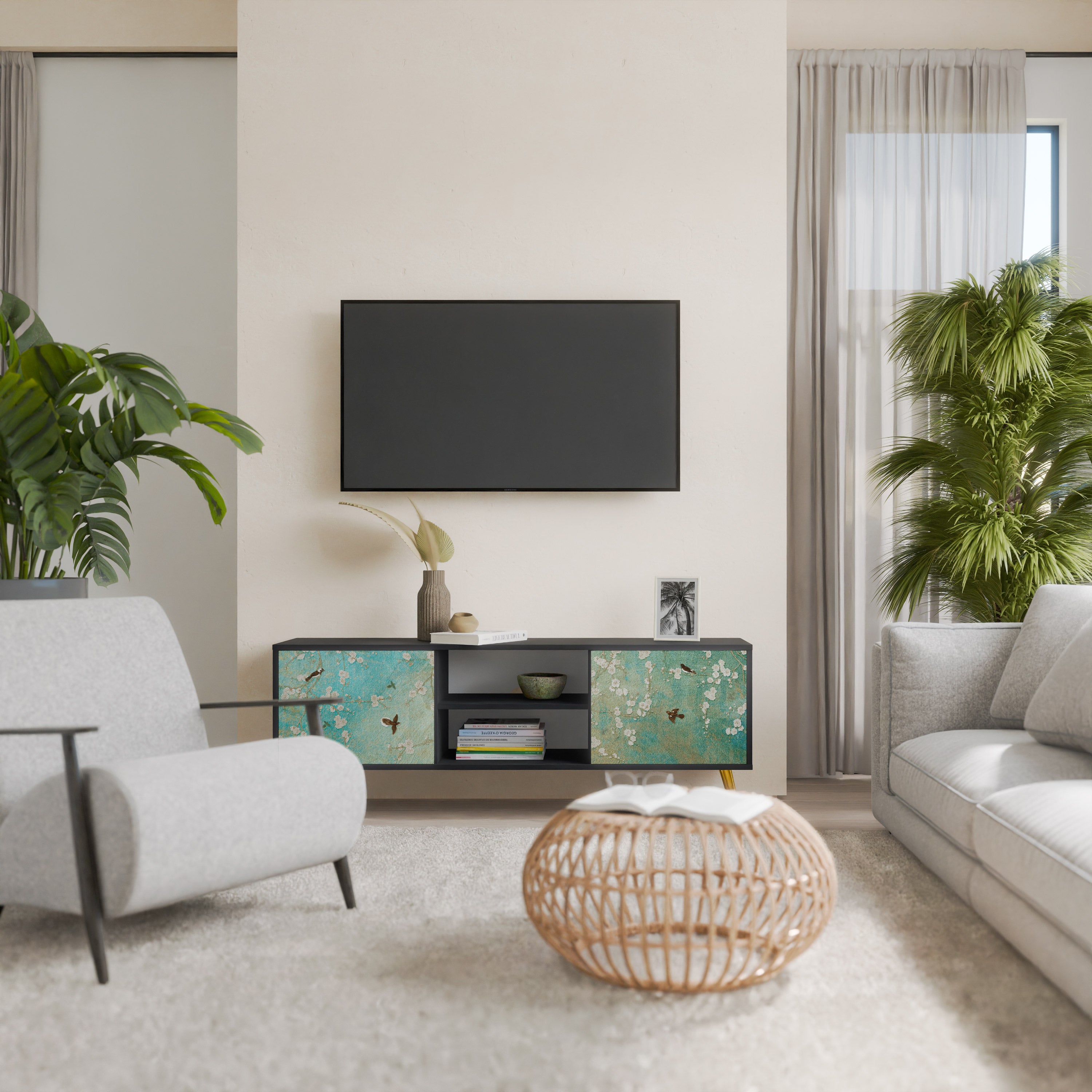 Mueble de TV de 2 puertas BLOOMING CHARM en acabado negro
