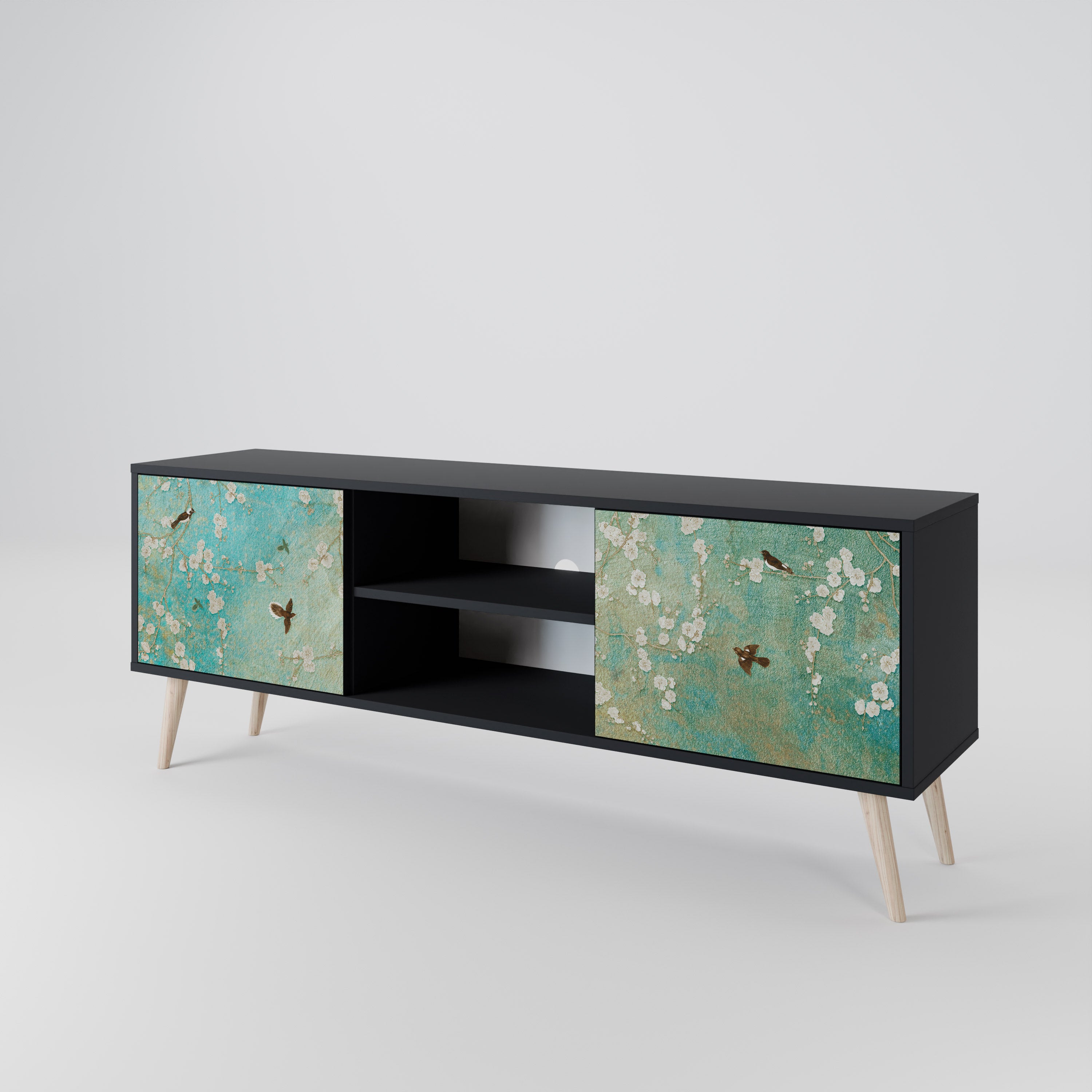 Mueble de TV de 2 puertas BLOOMING CHARM en acabado negro