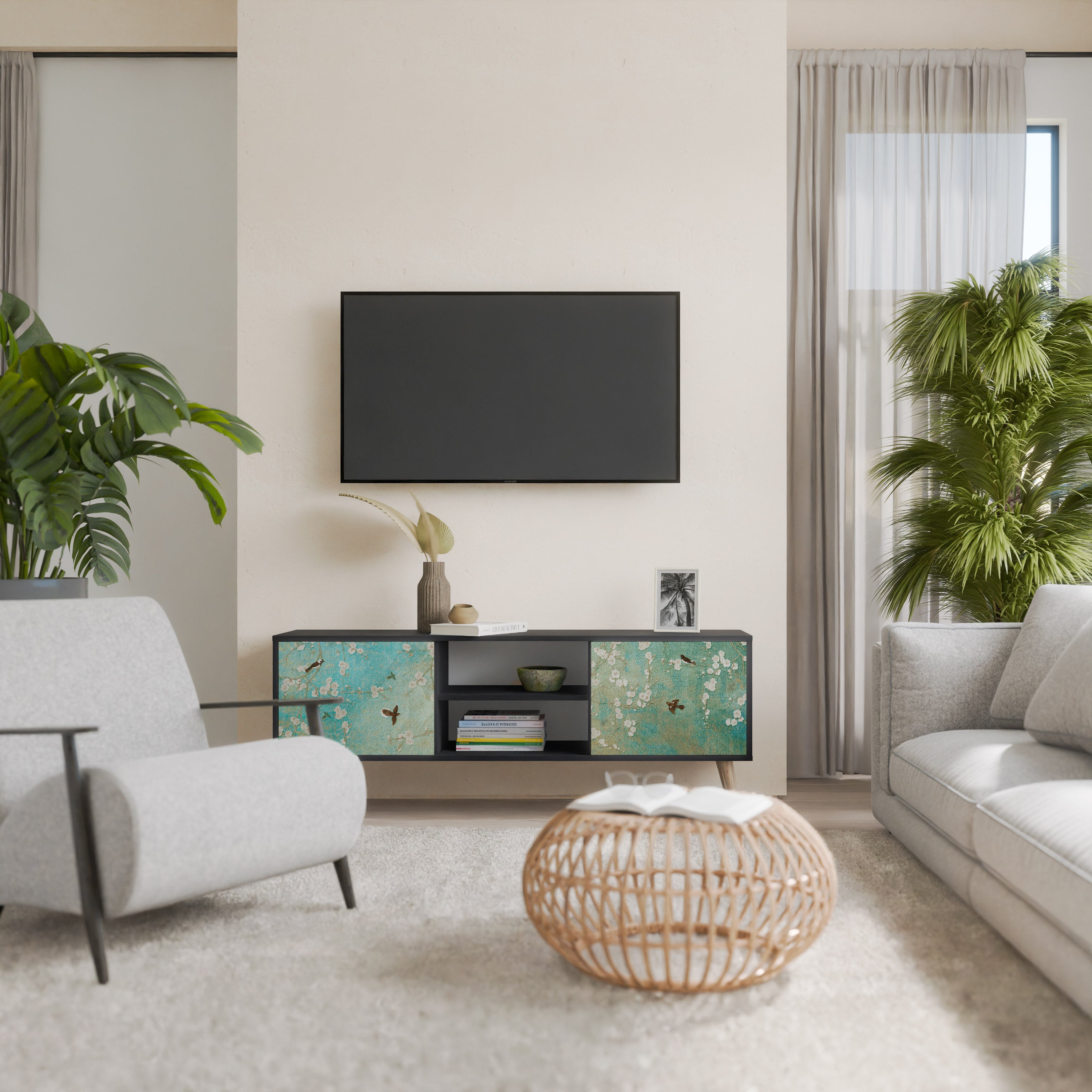 Mueble de TV de 2 puertas BLOOMING CHARM en acabado negro
