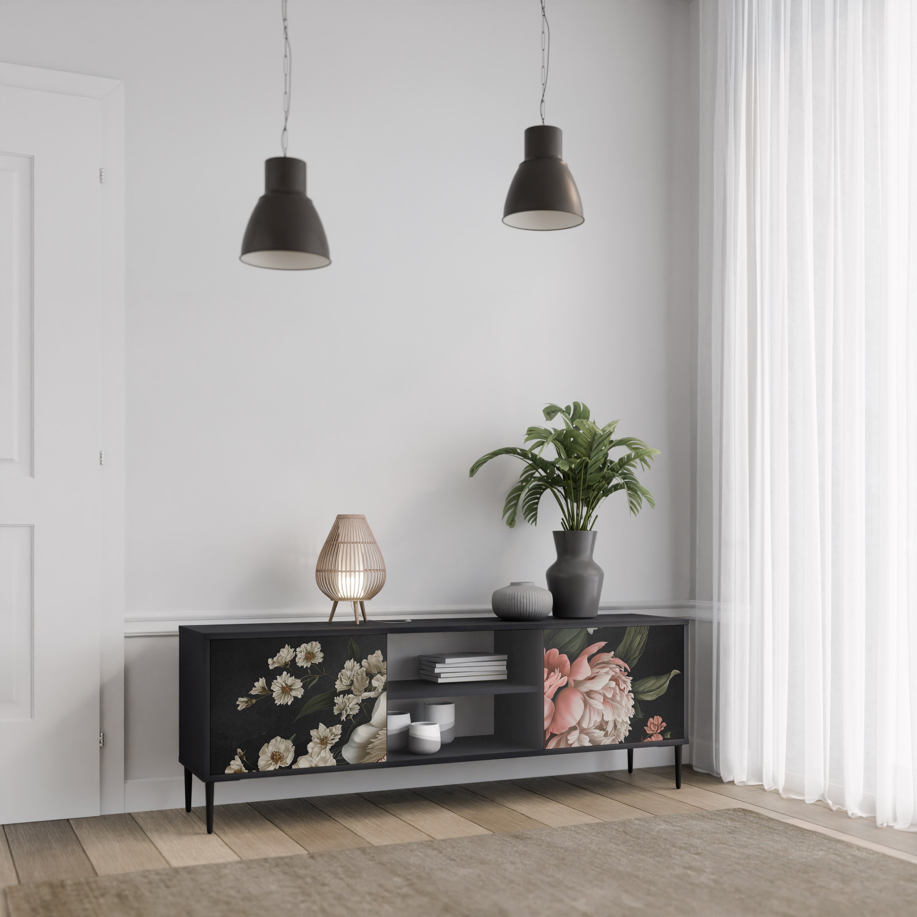 Mueble de TV de 2 puertas LUSH ELEGANCE con acabado negro