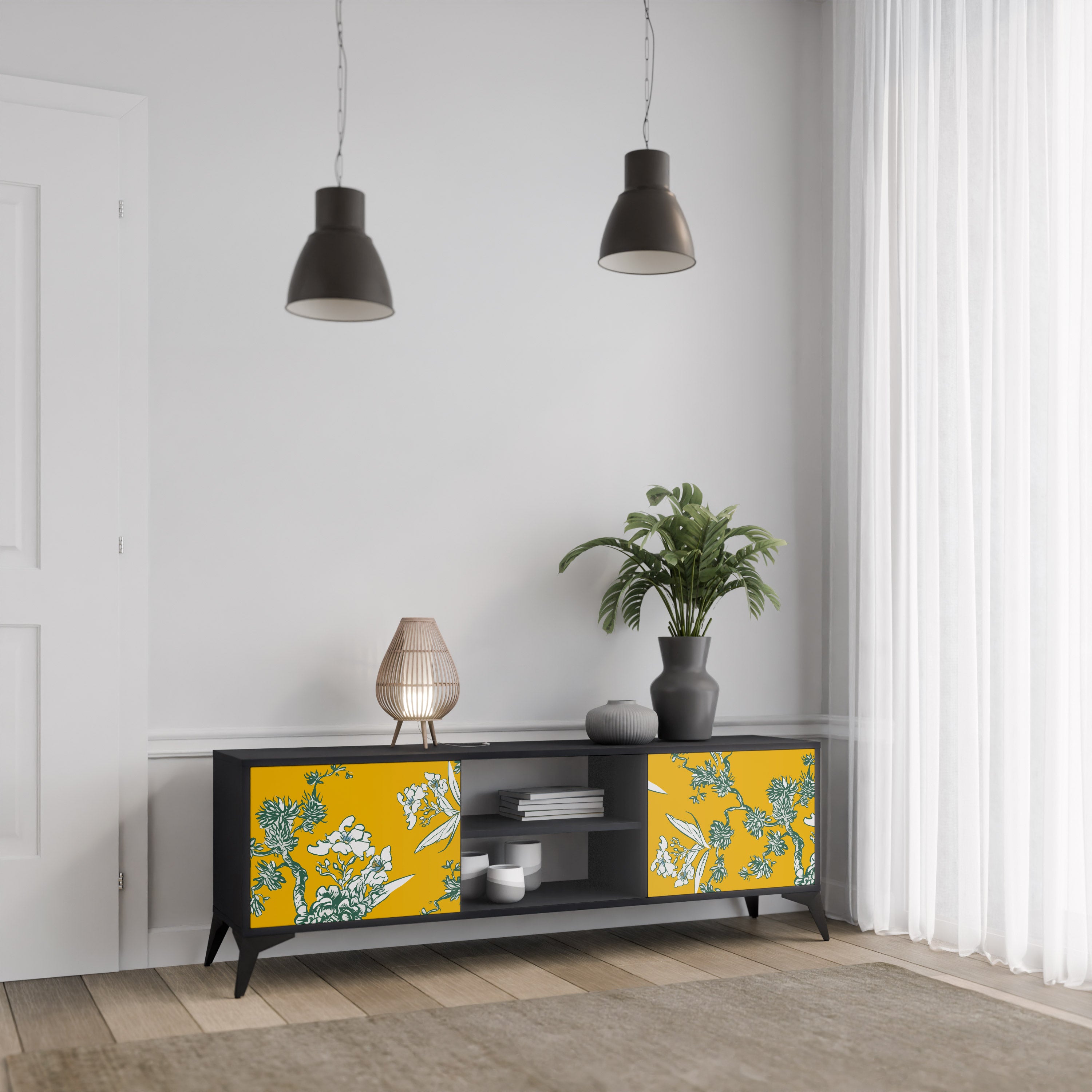 Mueble de TV de 2 puertas YELLOW CHINOISERIE en acabado negro