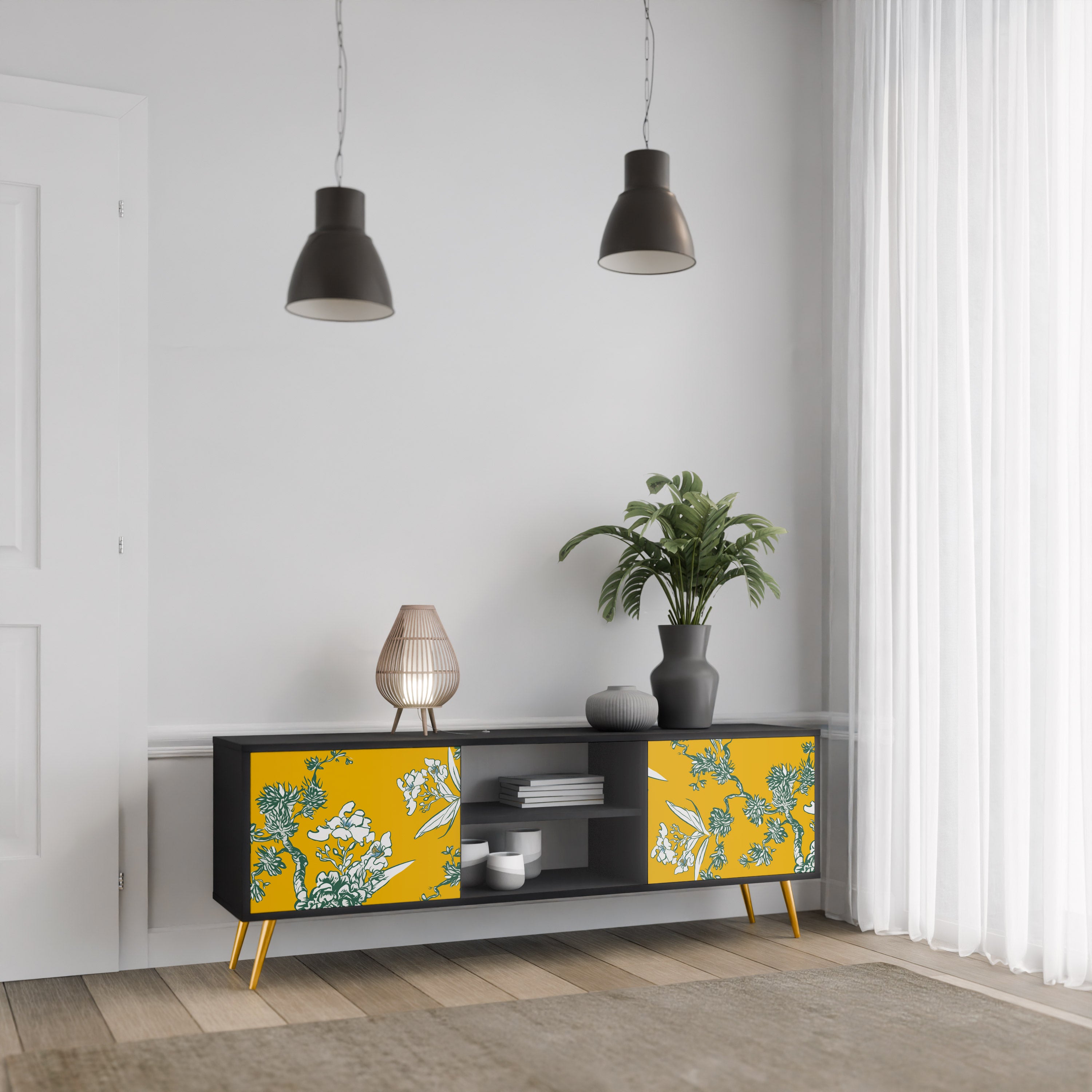 Mueble de TV de 2 puertas YELLOW CHINOISERIE en acabado negro